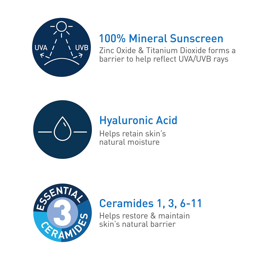 CeraVe - Protector solar mineral 100 % FPS 30 con óxido de zinc y dióxido de titanio, ácido hialurónico y ceramidas. Sin aceite, no graso. Protector solar mineral hidratante para el cuerpo, 5 oz