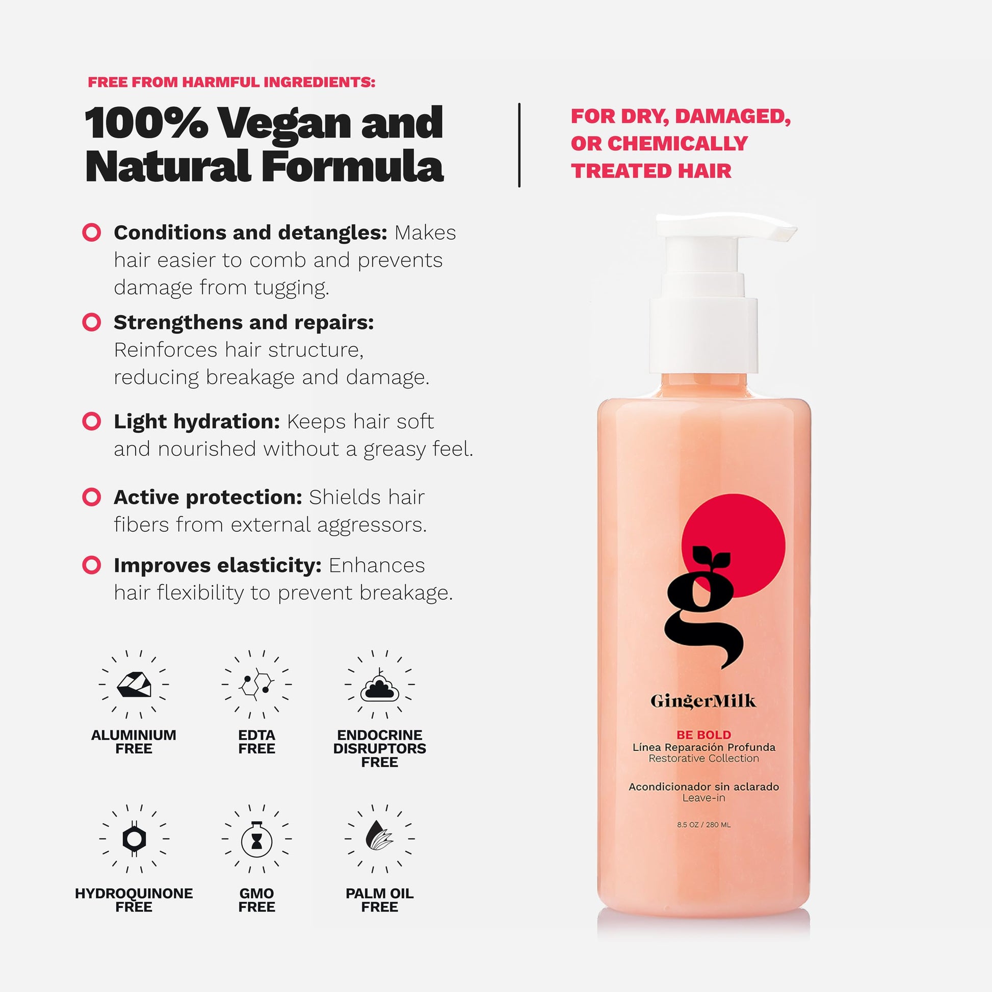 GINGER MILK - Leave-In sin enjuague para cabello seco dañado por tintes, procesos químicos, secadores de pelo y herramientas de peinado en caliente | BE BOLD (8 onzas líquidas (paquete de 1))