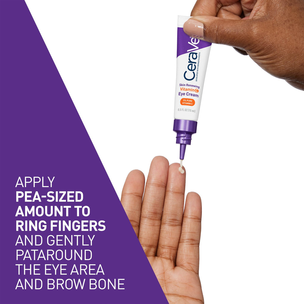 CeraVe -  Crema para ojos con vitamina C renovadora para la piel, vitamina C, ácido hialurónico, ceramidas y cafeína, crema debajo de los ojos para ojeras e hinchazón, sin fragancia y probada porbada por oftalmólogos, 0.5 Fl. Oz