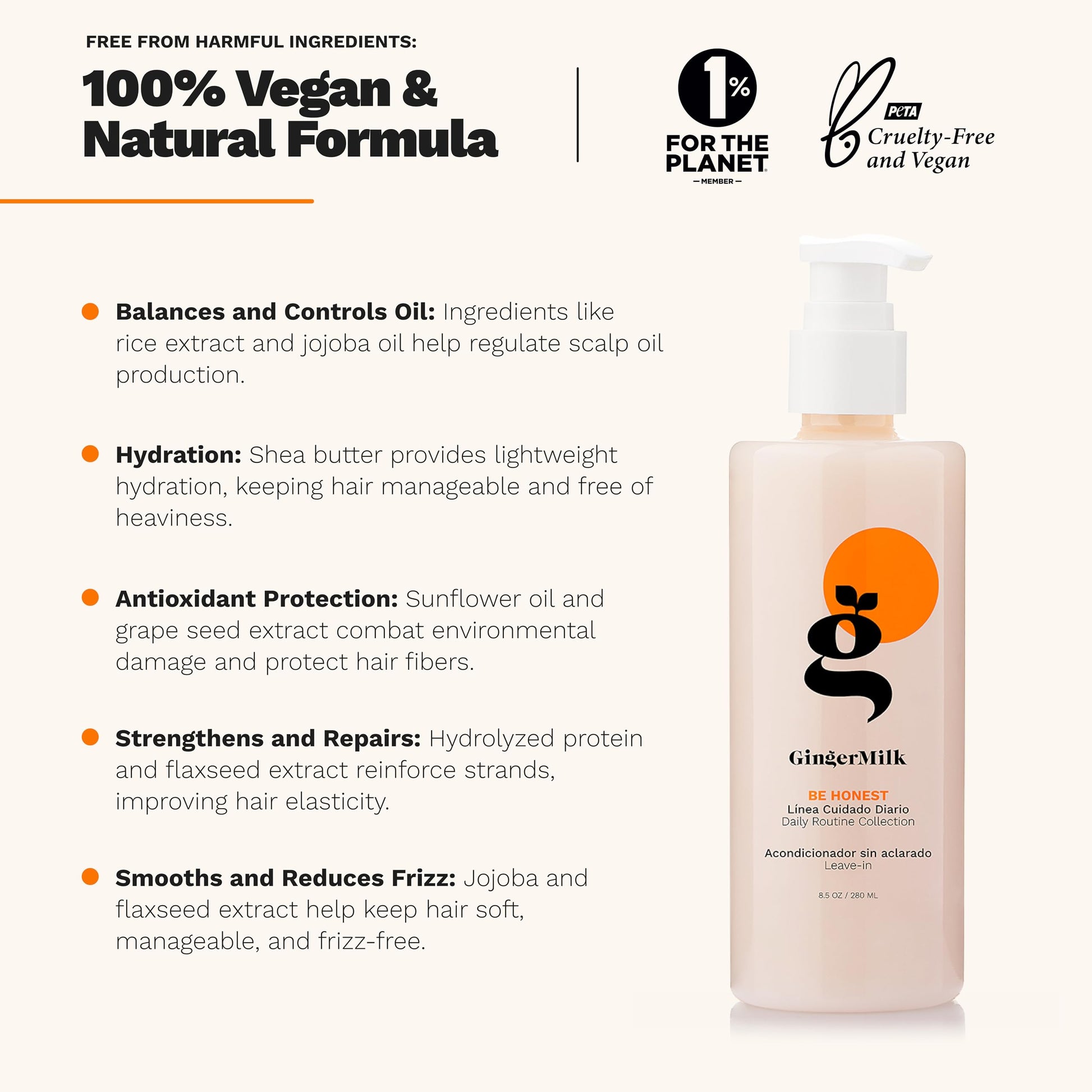 Ginger milk - Acondicionador leave-in con leche de jengibre para cabello graso. Mejora el brillo, la manejabilidad y controla el encrespamiento. Sin parabenos, alcohol ni sulfato. | BE HONEST (8 fl oz.)