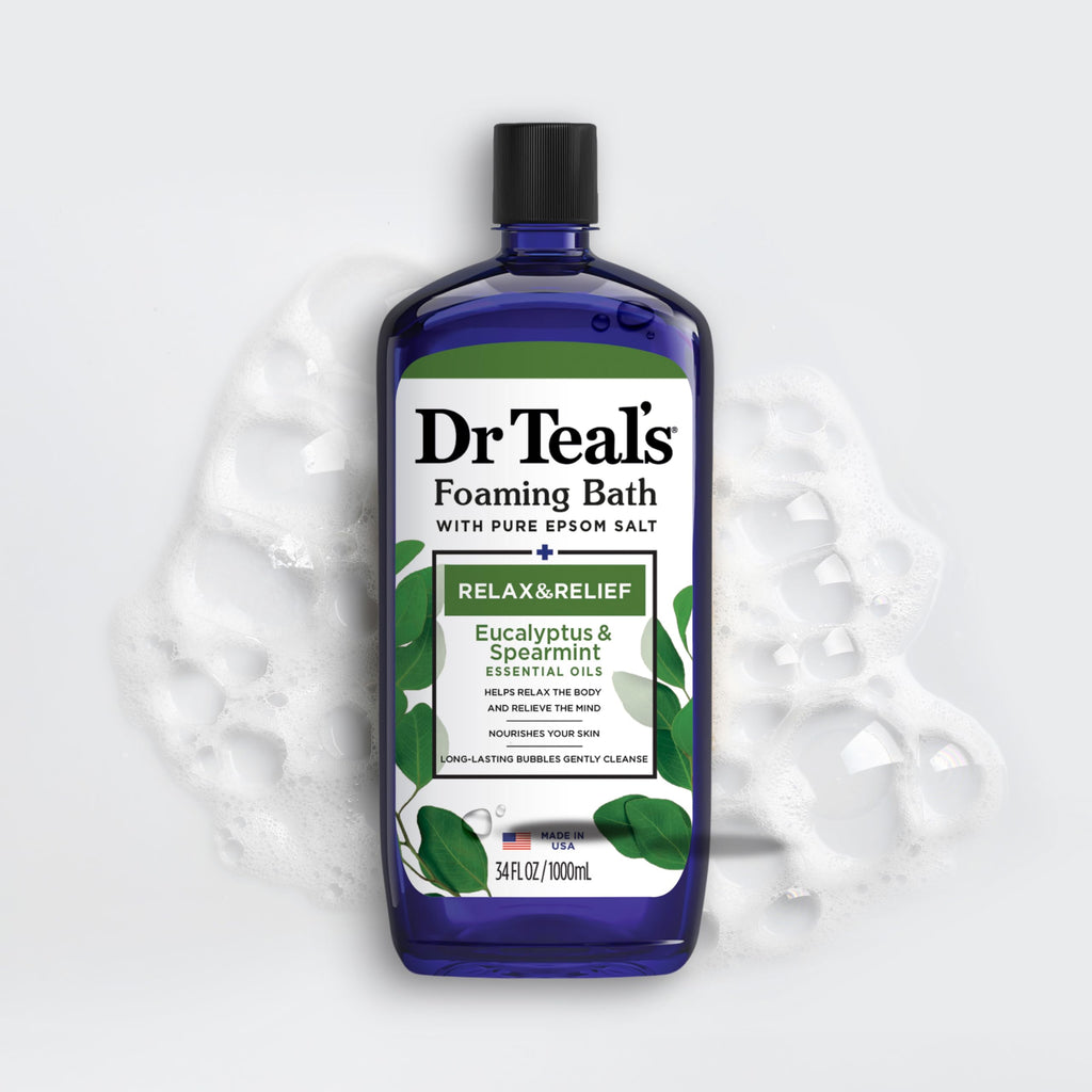 Dr Teal's - Baño espumoso con sal pura de Epsom, relajación y alivio con eucalipto y menta verde, 34 onzas líquidas (paquete de 4)