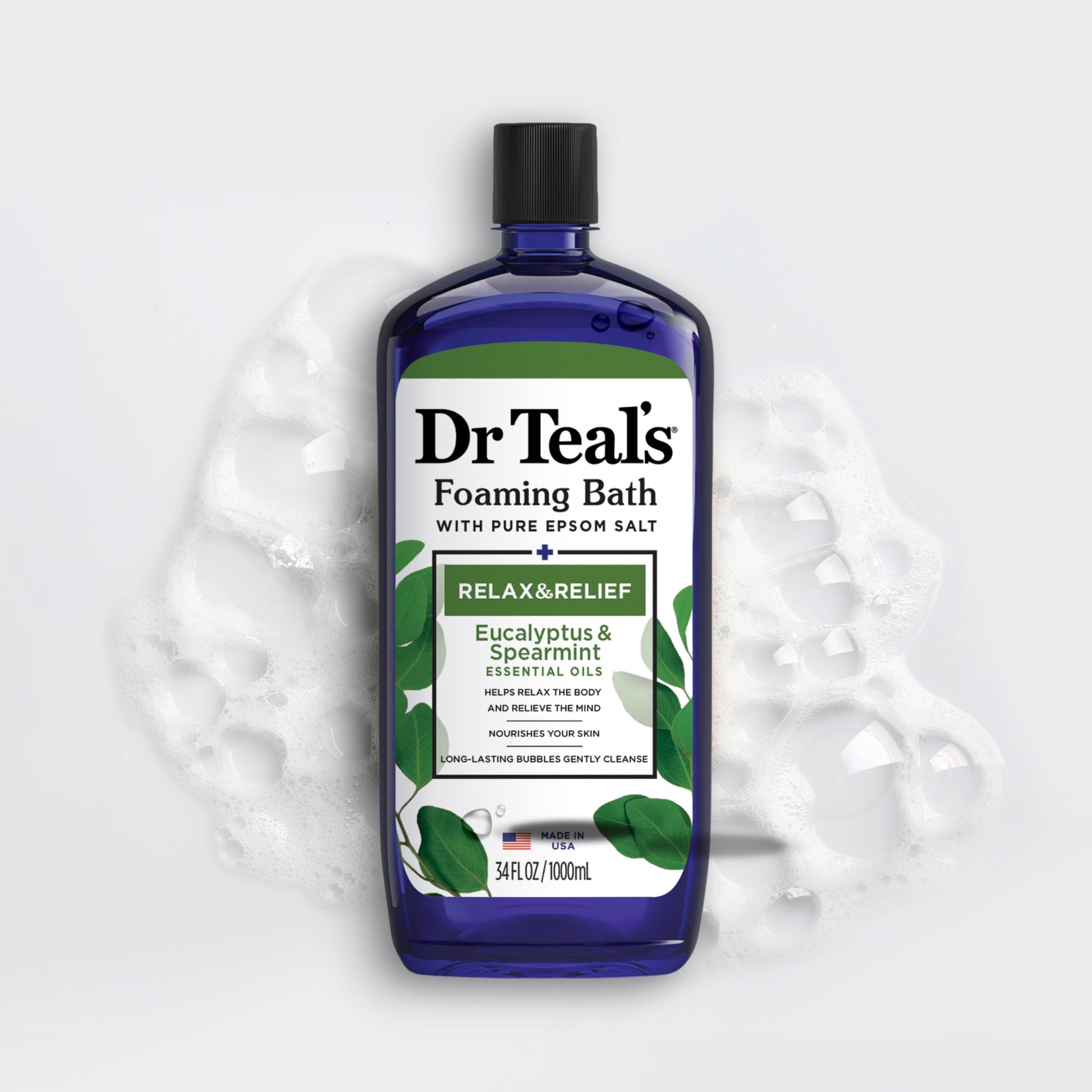Dr Teal's - Baño espumoso con sal pura de Epsom, relajación y alivio con eucalipto y menta verde, 34 onzas líquidas (paquete de 4)