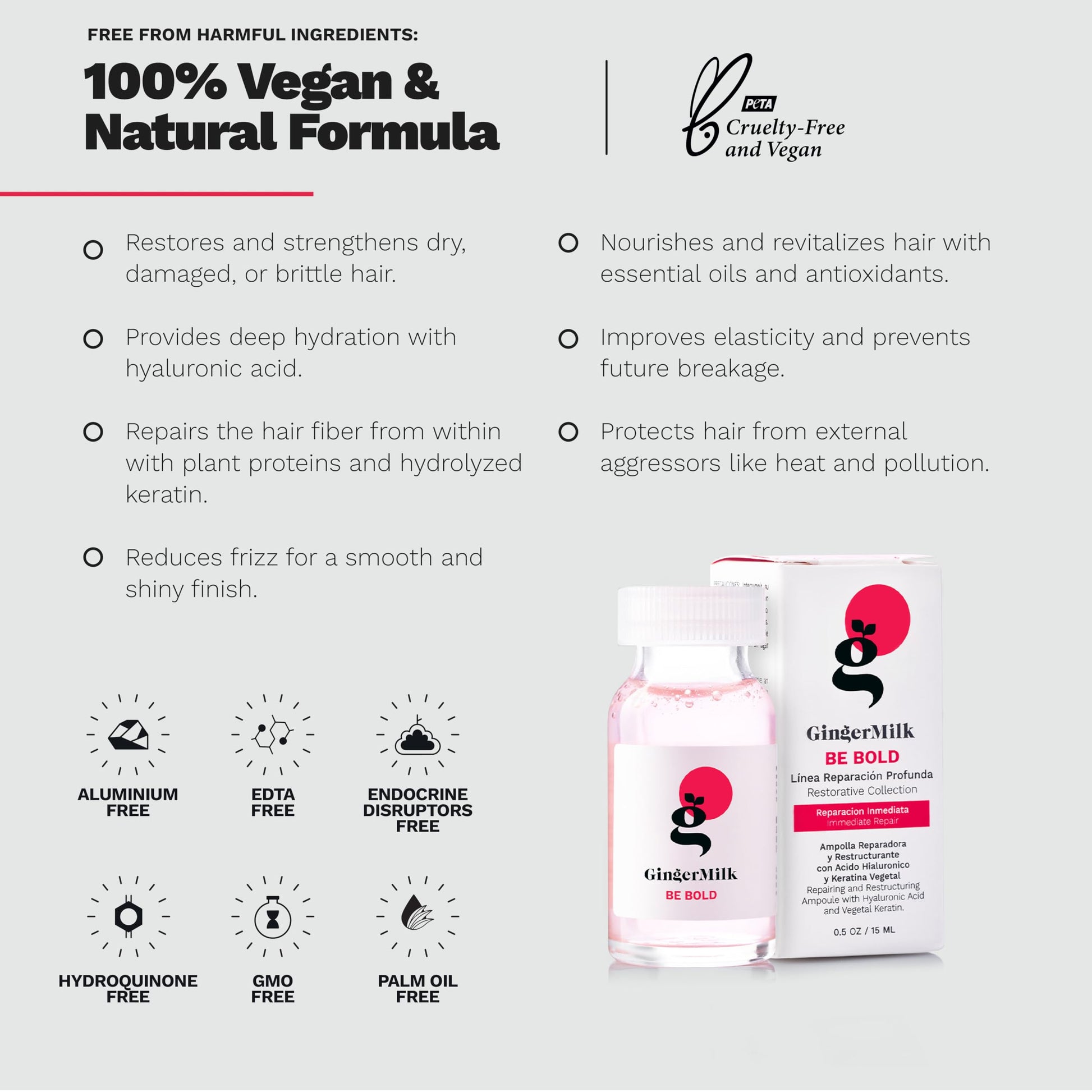 Ginger Milk - Ampolla de reparación del cabello con leche de jengibre con ácido hialurónico para tratamiento capilar dañado (paquete de 3 x 0.5 fl oz)