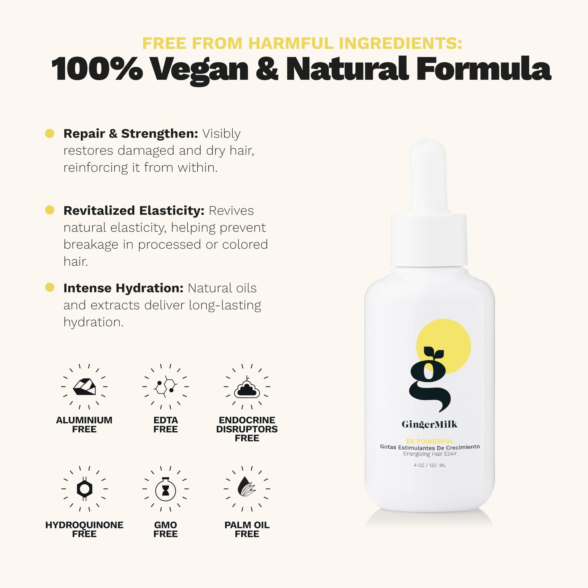 Ginger Milk - Gotas de Extracto de raíz de jengibre | Gotas estimulantes del crecimiento y control de la pérdida de cabello | Serum Vegan Energizante Elixir para el cabello | Be Powerful (4 fl oz)