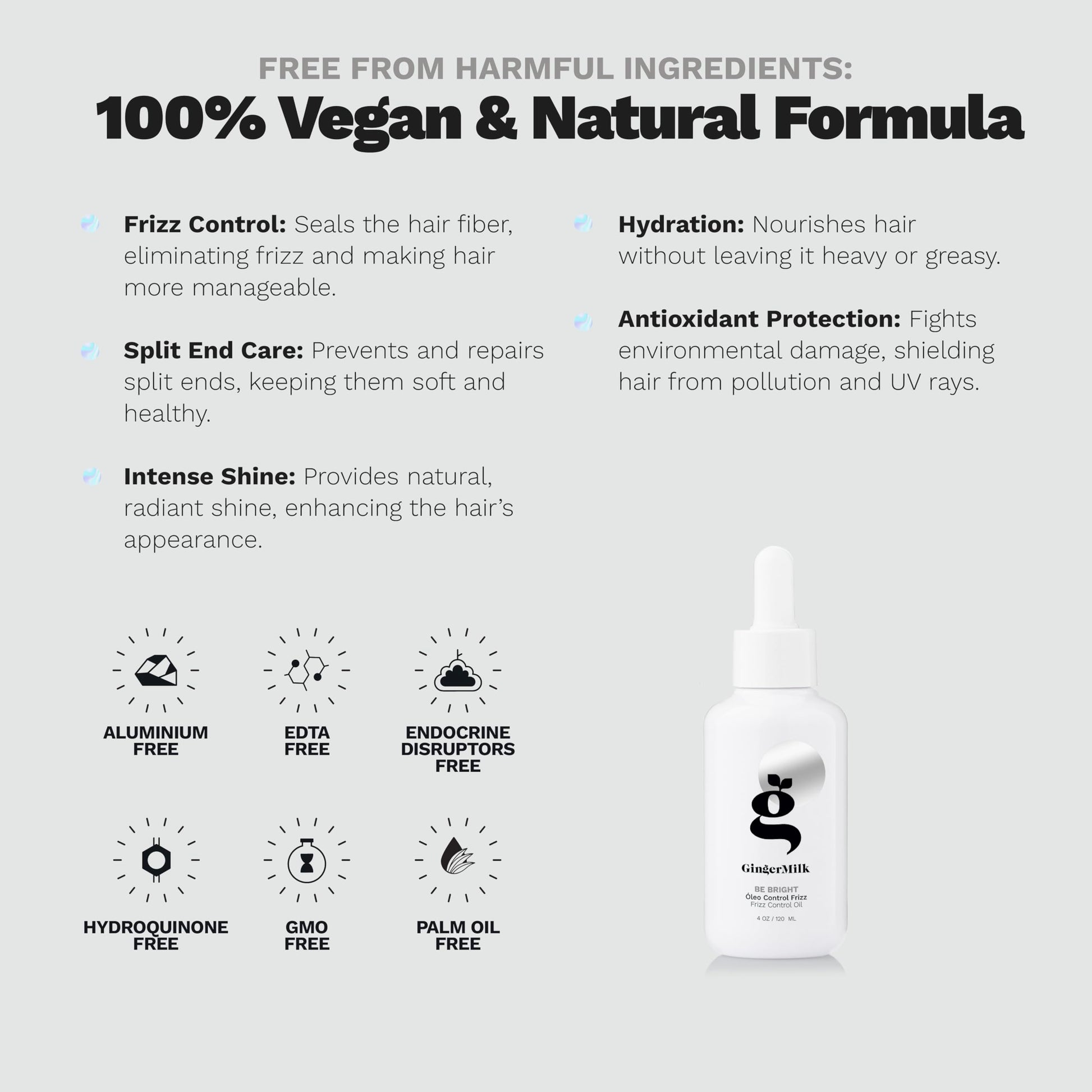Ginger Milk - Aceite para el cabello antiencrespamiento con jengibre, argán y ricino para cabello encrespado. Sella las puntas abiertas, fortalece la estructura del cabello y añade brillo a todo tipo de cabello
