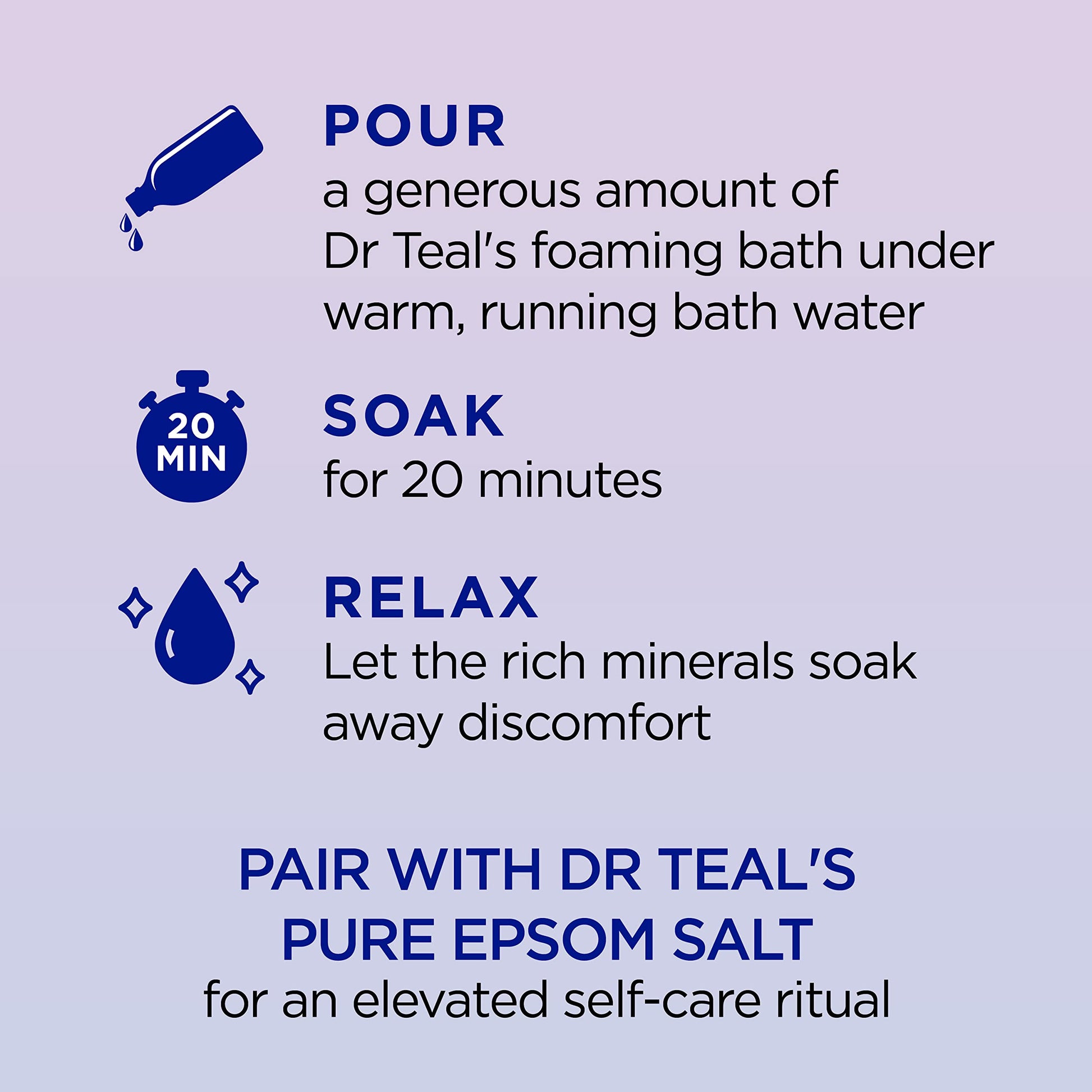 Dr Teal's - Baño espumoso con sal pura de Epsom, mezcla para dormir con aceites esenciales de melatonina, lavanda y manzanilla, 34 onzas líquidas (paquete de 4)