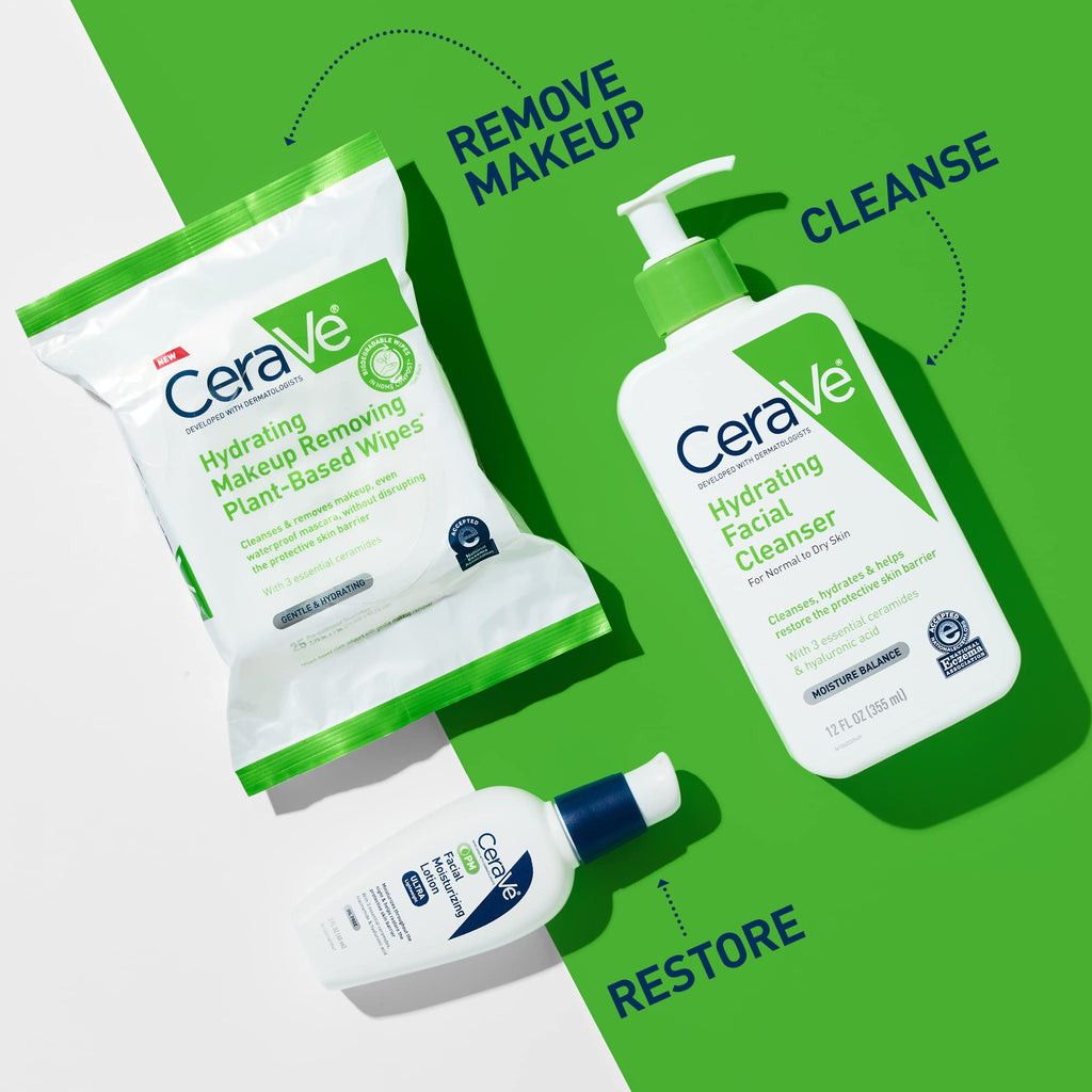 CeraVe - Toallitas removedoras de maquillaje, toallitas faciales a base de plantas, biodegradables en compost, lavado facial sin agua, esenciales de viaje para mujeres, adecuadas para pieles sensibles