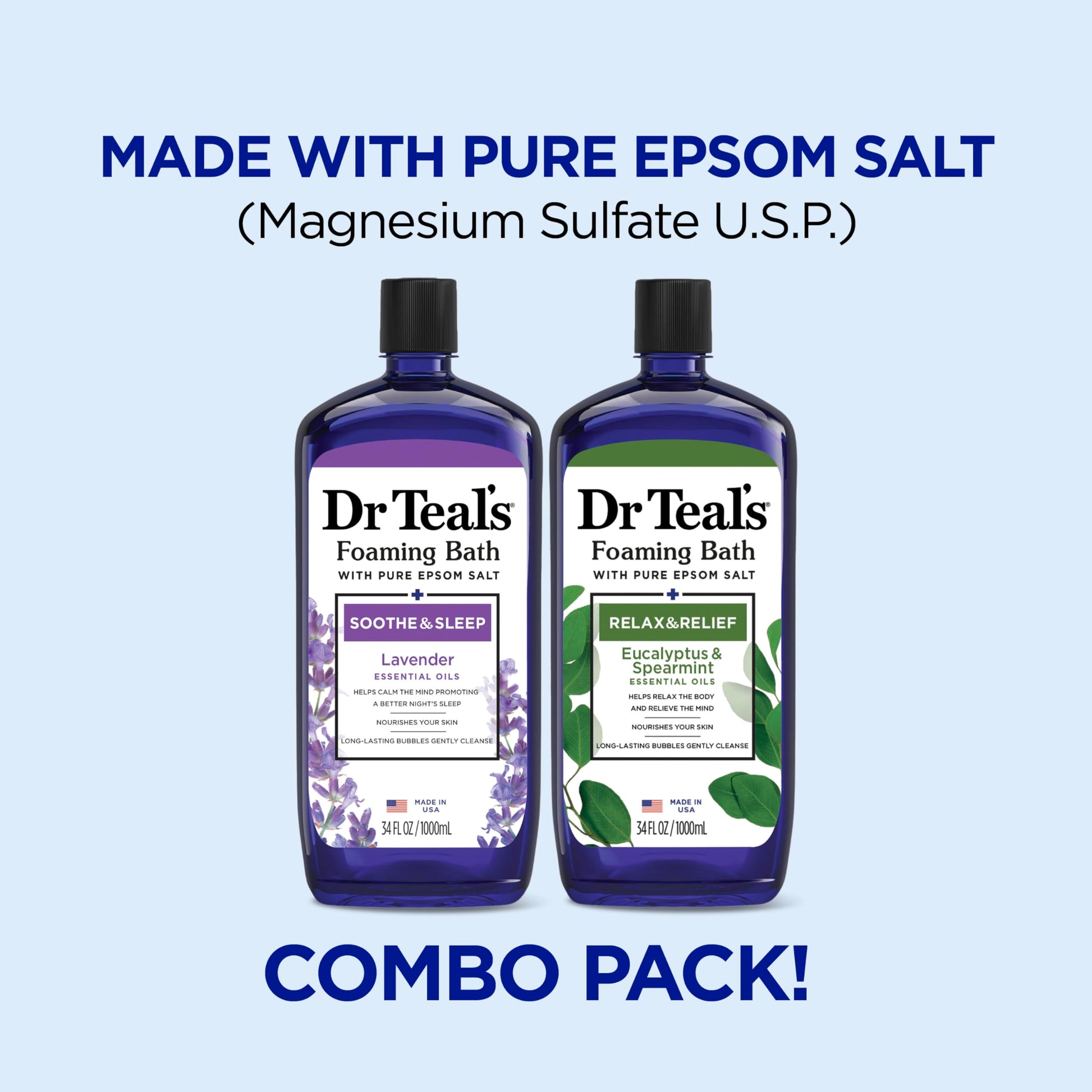Dr Teal's - Baño espumoso con sal pura de Epsom, lavanda y eucalipto, 2 unidades, 68 onzas líquidas en total