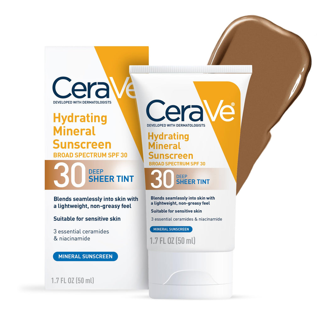 CeraVe - Protector solar mineral hidratante FPS 30 con tinte translúcido, con óxido de zinc y dióxido de titanio, se difumina a la perfección para una luminosidad saludable, intenso, 50 ml