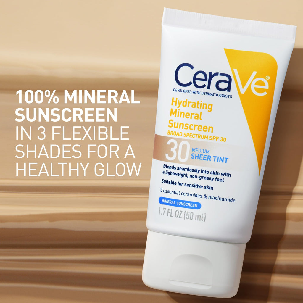 CeraVe - Protector solar mineral hidratante FPS 30 con tinte translúcido, con óxido de zinc y dióxido de titanio, se difumina a la perfección para una luminosidad saludable, tamaño medio, 50 ml