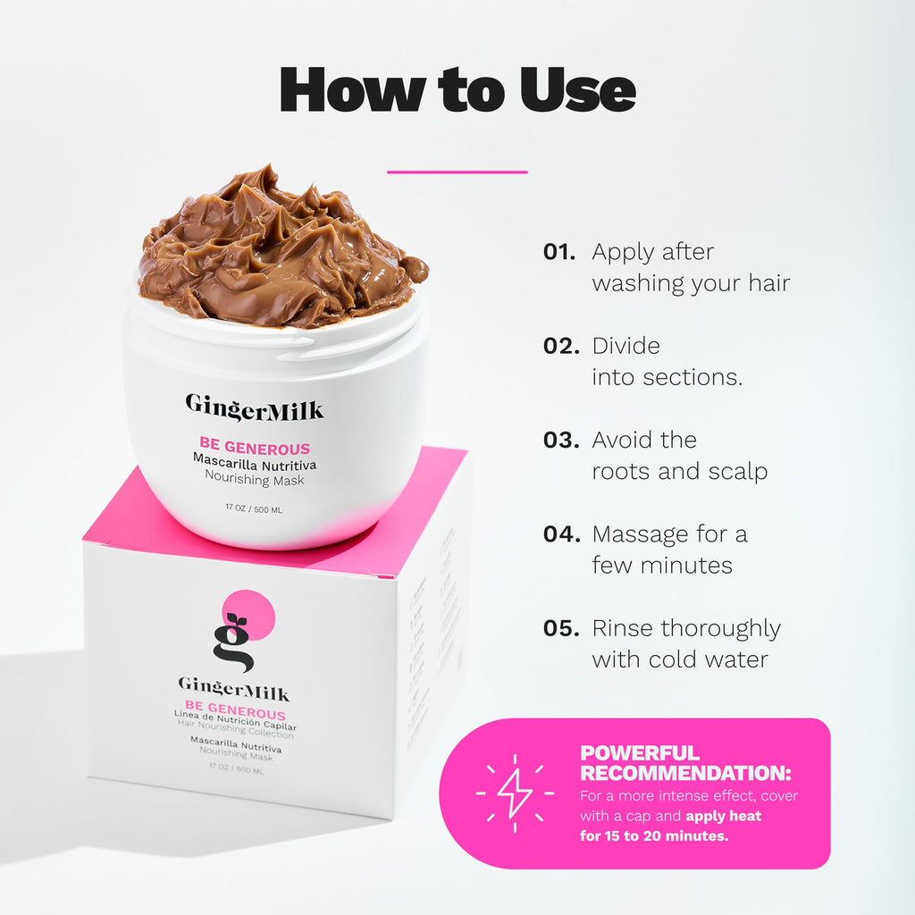 Ginger Milk - Mascarilla reparadora profunda para cabello seco y rizado, aceite de ricino, biotina, jengibre, sin sulfato, Be Generous by Ginger Milk - 17 oz