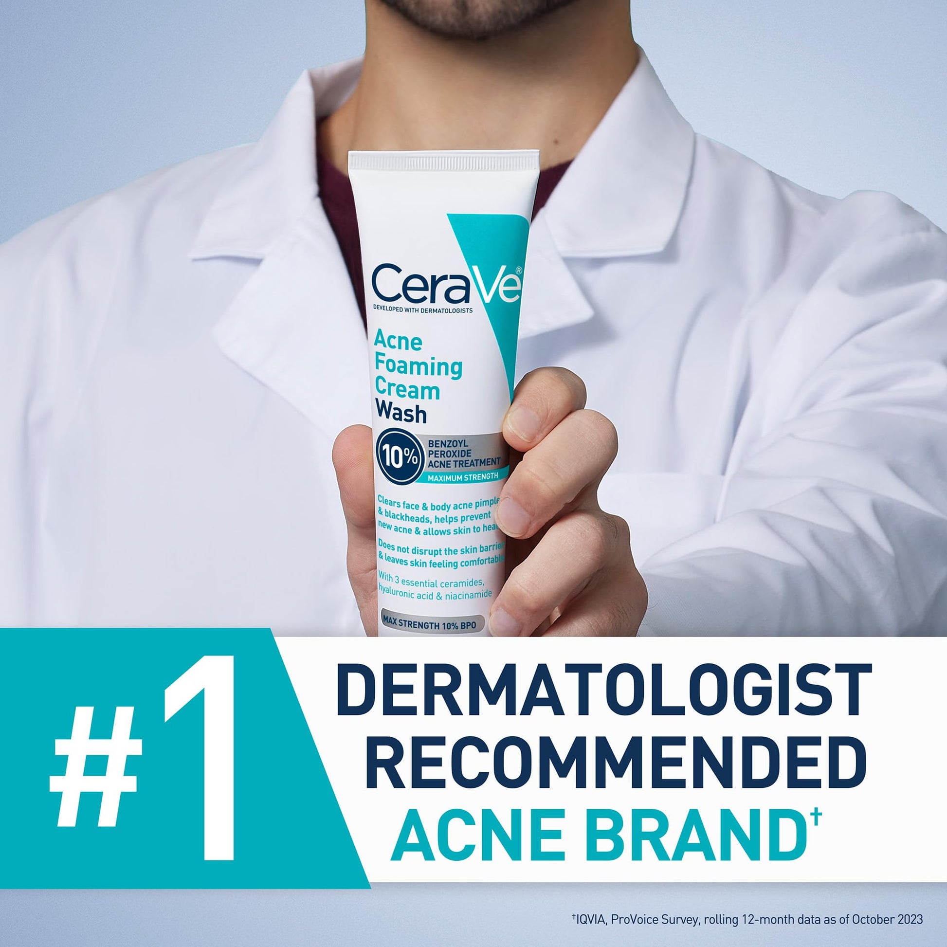 CeraVe - Crema espumosa para el acné, limpiador suave para rostro y cuerpo con peróxido de benzoilo al 10%, ácido hialurónico y niacinamida, tratamiento con peróxido de benzoilo al 10% que elimina granos y puntos negros. 5 Oz