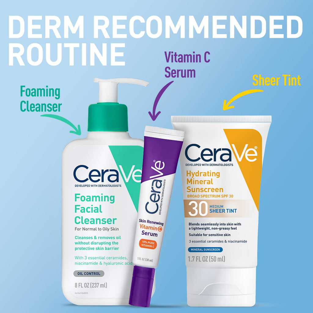 CeraVe - Protector solar mineral hidratante FPS 30 con tinte translúcido, con óxido de zinc y dióxido de titanio, se difumina a la perfección para una luminosidad saludable, intenso, 50 ml