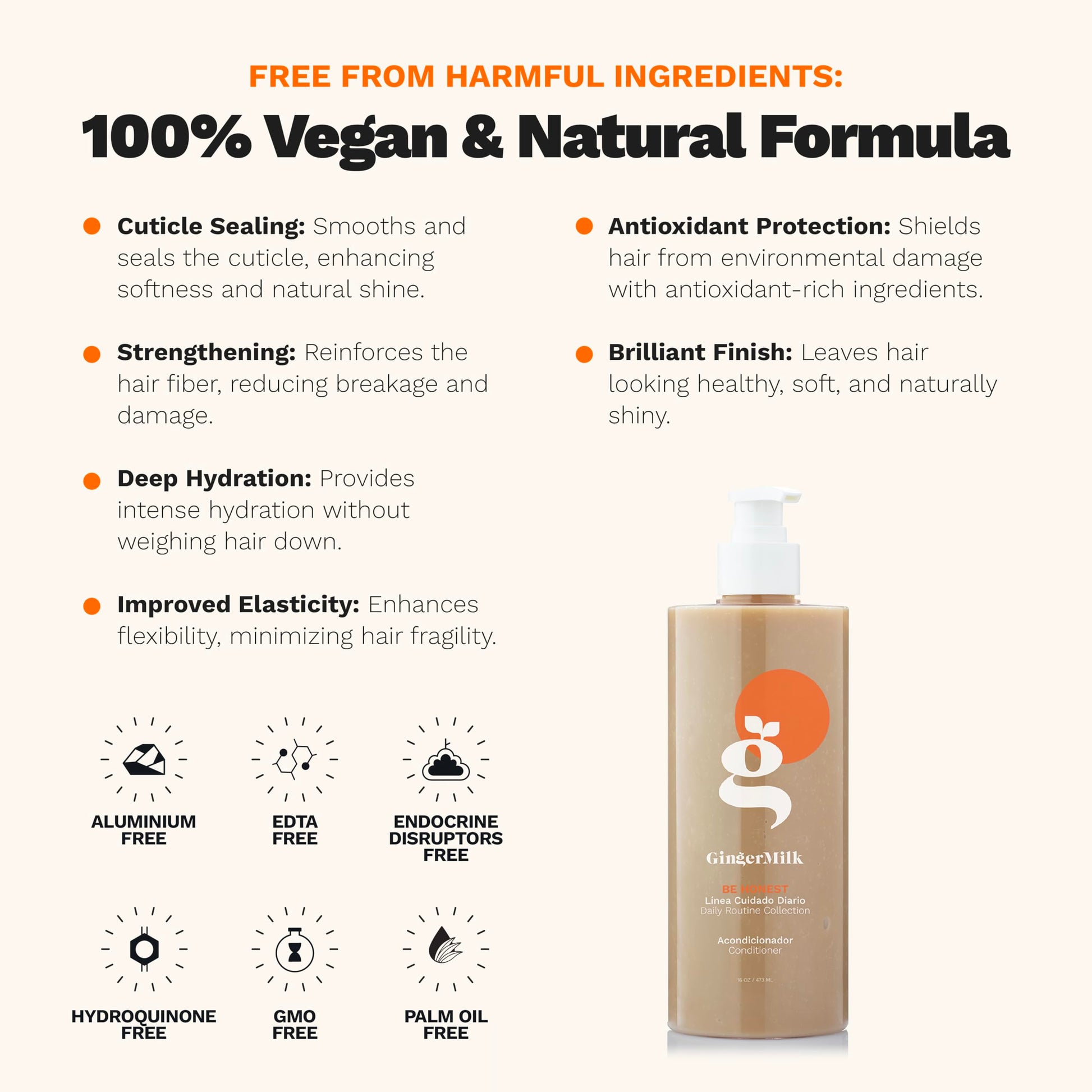 Ginger Milk -  Acondicionador BE HONEST para todo tipo de cabello. Rico en activos botánicos y vitaminas para una flexibilidad y brillo óptimos. (8.5 fl oz.)