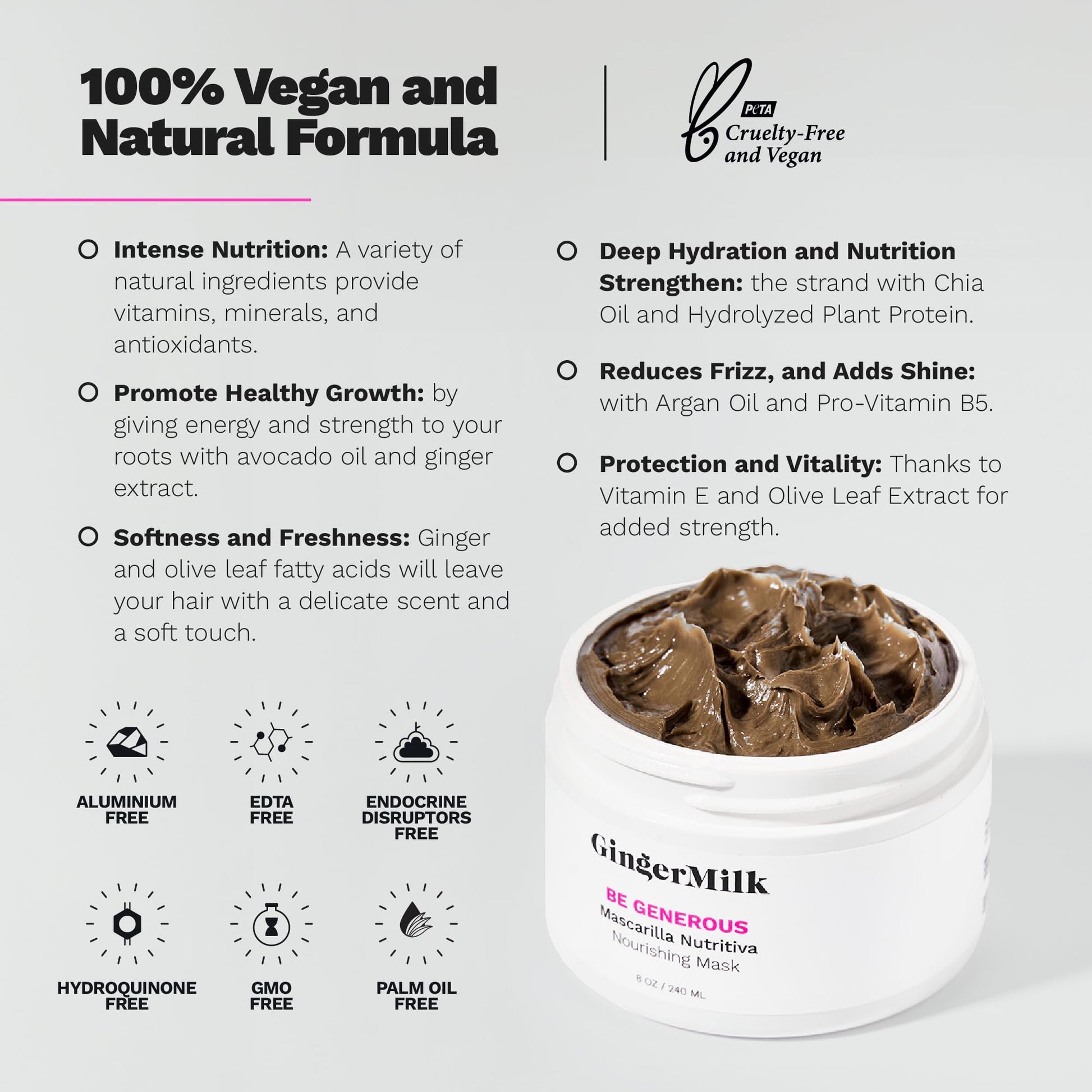 Ginger Milk - Mascarilla reparadora profunda para cabello seco y rizado, aceite de ricino, biotina, jengibre, sin sulfato, Be Generous by Ginger Milk - 8 onzas