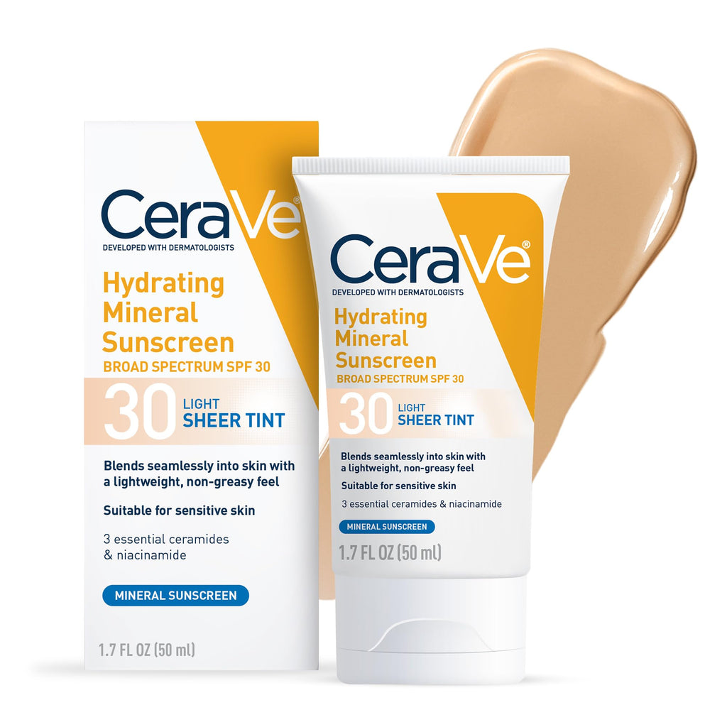 CeraVe - Protector solar mineral hidratante FPS 30 con tinte translúcido, con óxido de zinc y dióxido de titanio, se difumina a la perfección para un brillo saludable, ligero, 50 ml