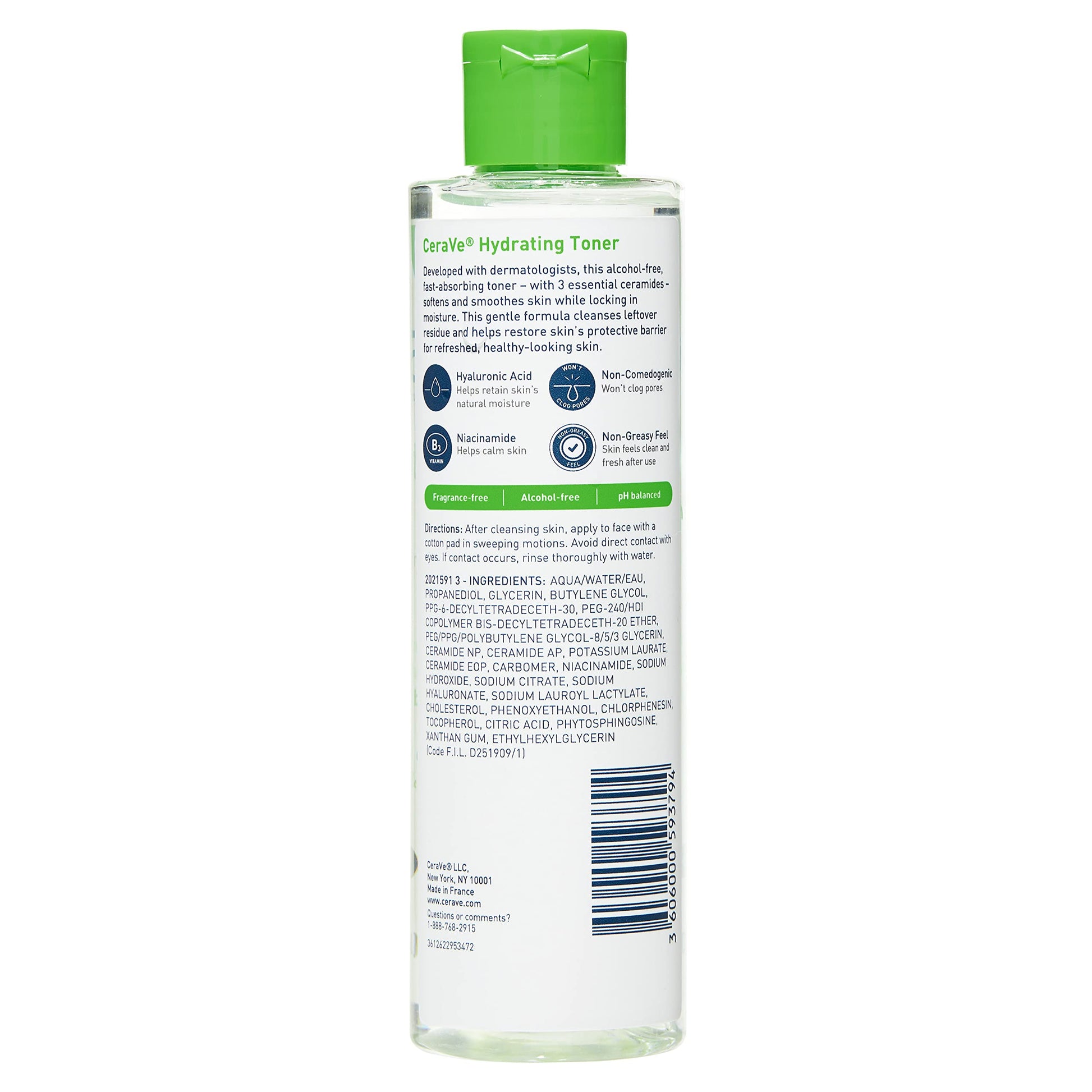CeraVe - Tónico hidratante para rostro sin alcohol con ácido hialurónico, niacinamida y ceramidas para piel seca sensible, sin fragancia, no comedogénico, tamaño completo, 6.8 onzas líquidas