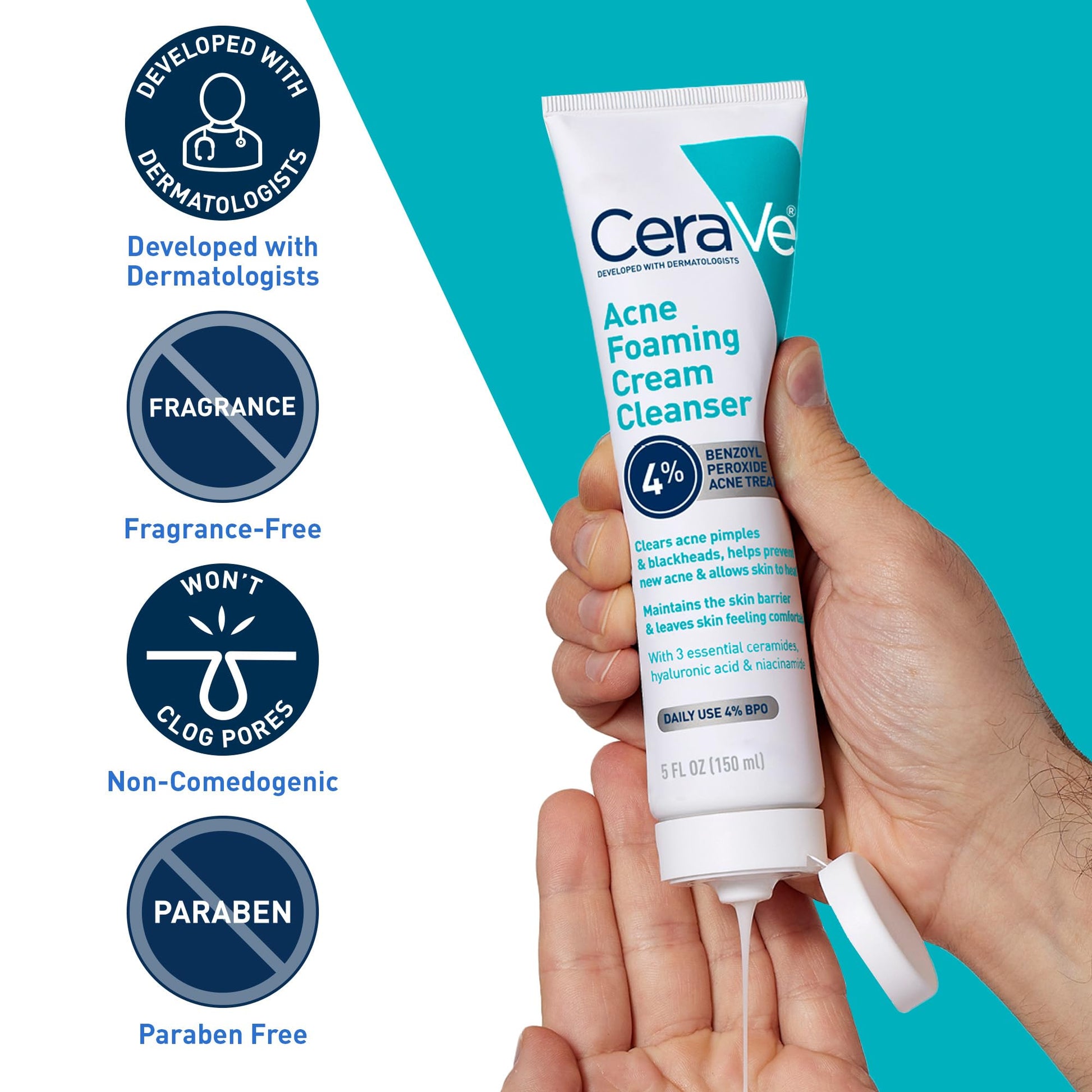 CeraVe - Limpiador en crema espumosa para el acné, lavado facial de peróxido de benzoilo al 4% con ácido hialurónico, niacinamida y ceramidas, tratamiento diario suave para el acné para la cara