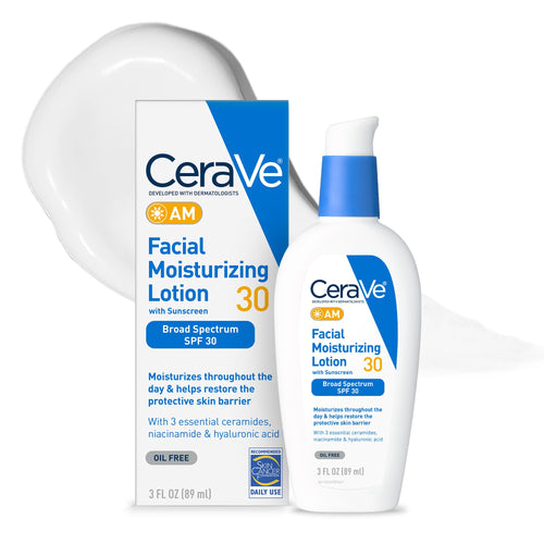 CeraVe - AM Loción hidratante facial con SPF 30, hidratante facial sin aceite con SPF, formulado con ácido hialurónico, niacinamida y ceramidas, no comedogénico, protector solar de amplio espectro