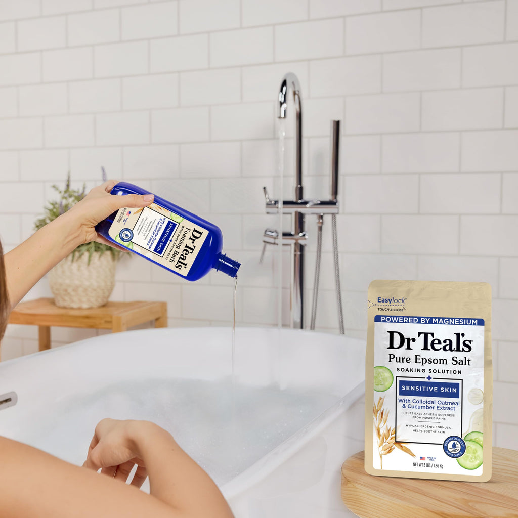 Dr Teal's - Baño espumoso con sal pura de Epsom, piel sensible con avena coloidal y pepino, 34 onzas líquidas (paquete de 4)
