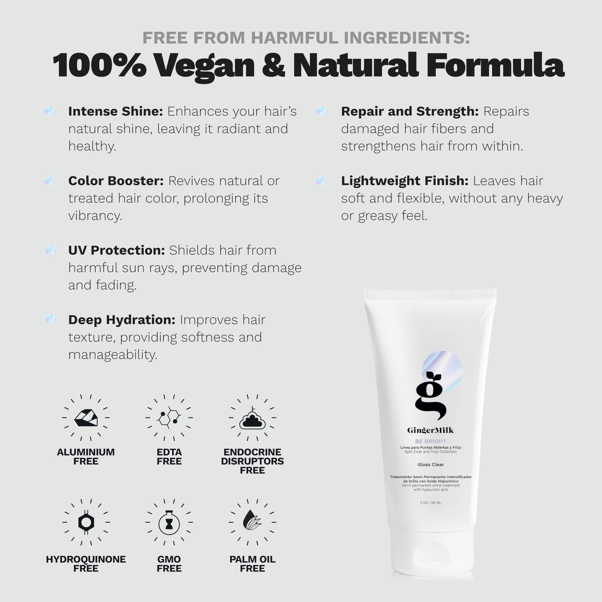 Ginger Milk - Brillo de cabello con tratamiento para mejorar el color y brillo claro con ácido hialurónico, color semipermanente para cabello opaco y seco sin sulfato, BE BRIGHT 5 fl oz, 5.1 fl oz