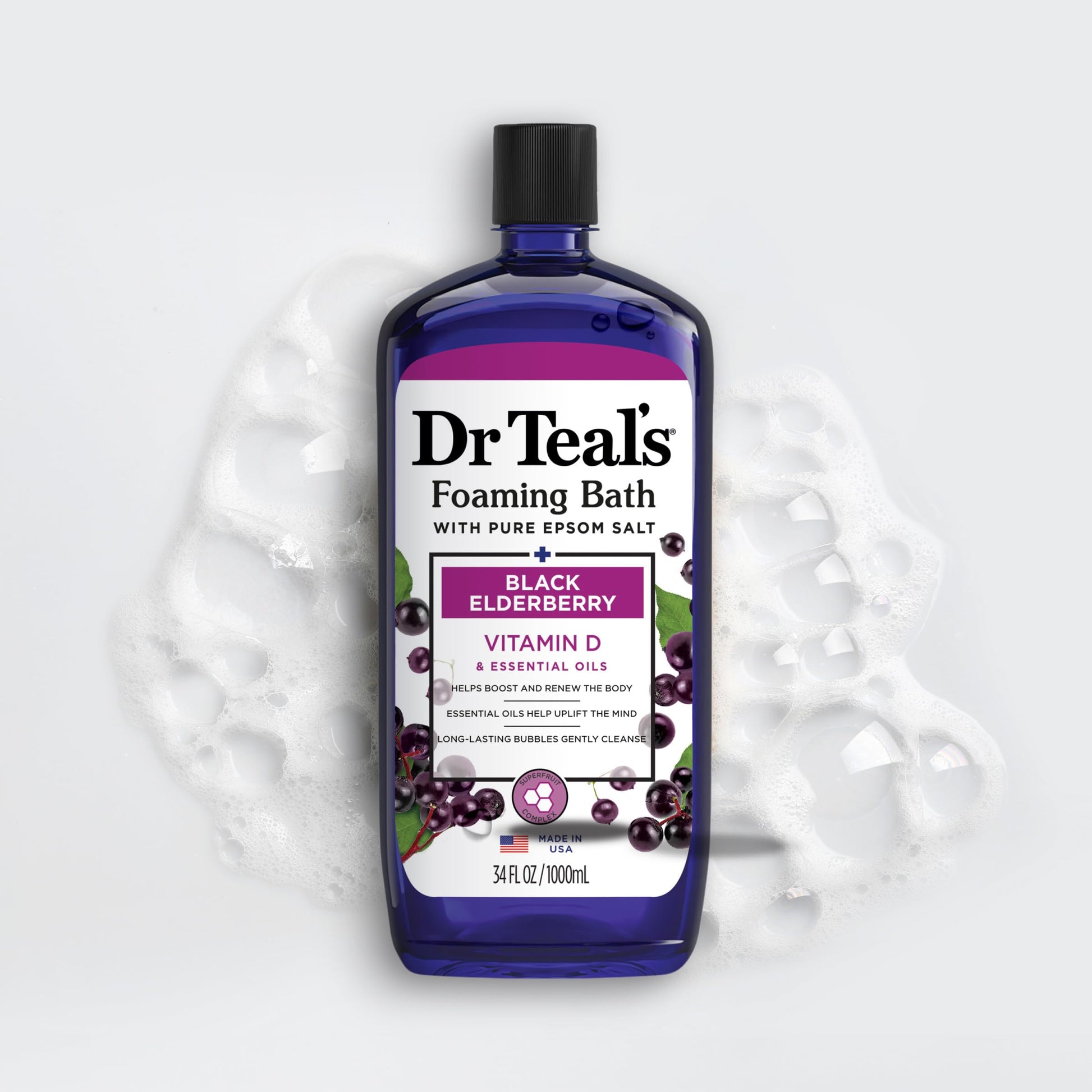 Dr Teal's - Baño espumoso con sal pura de Epsom, saúco negro con vitamina D, 34 onzas líquidas (paquete de 2)