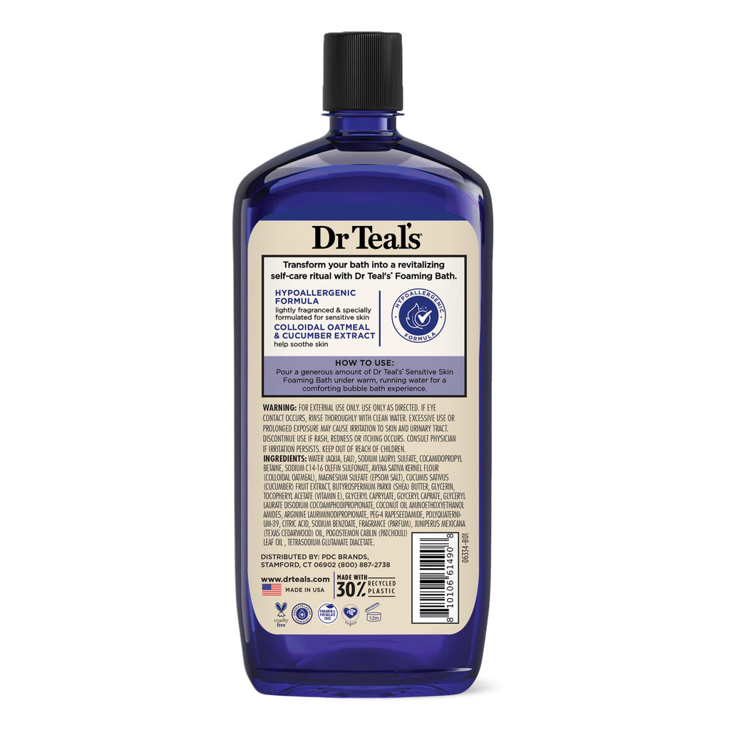Dr Teal's - Baño espumoso con sal pura de Epsom, piel sensible con avena coloidal y pepino, 34 onzas líquidas (paquete de 4)