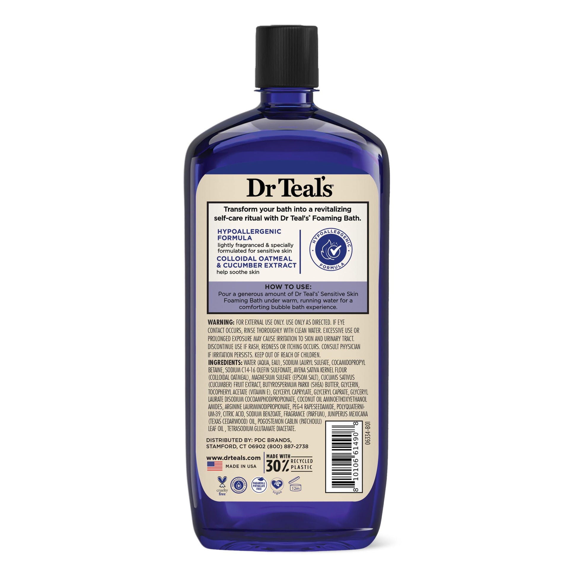 Dr Teal's - Baño espumoso con sal pura de Epsom, piel sensible con avena coloidal y pepino, 34 onzas líquidas (paquete de 4)