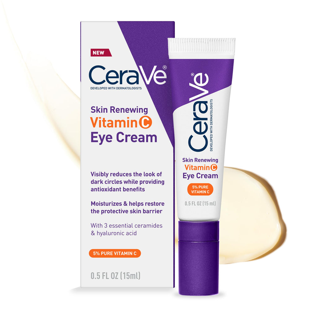 CeraVe -  Crema para ojos con vitamina C renovadora para la piel, vitamina C, ácido hialurónico, ceramidas y cafeína, crema debajo de los ojos para ojeras e hinchazón, sin fragancia y probada porbada por oftalmólogos, 0.5 Fl. Oz