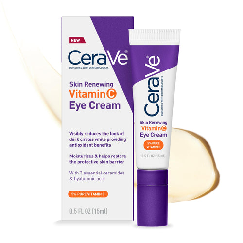 CeraVe -  Crema para ojos con vitamina C renovadora para la piel, vitamina C, ácido hialurónico, ceramidas y cafeína, crema debajo de los ojos para ojeras e hinchazón, sin fragancia y probada porbada por oftalmólogos, 0.5 Fl. Oz