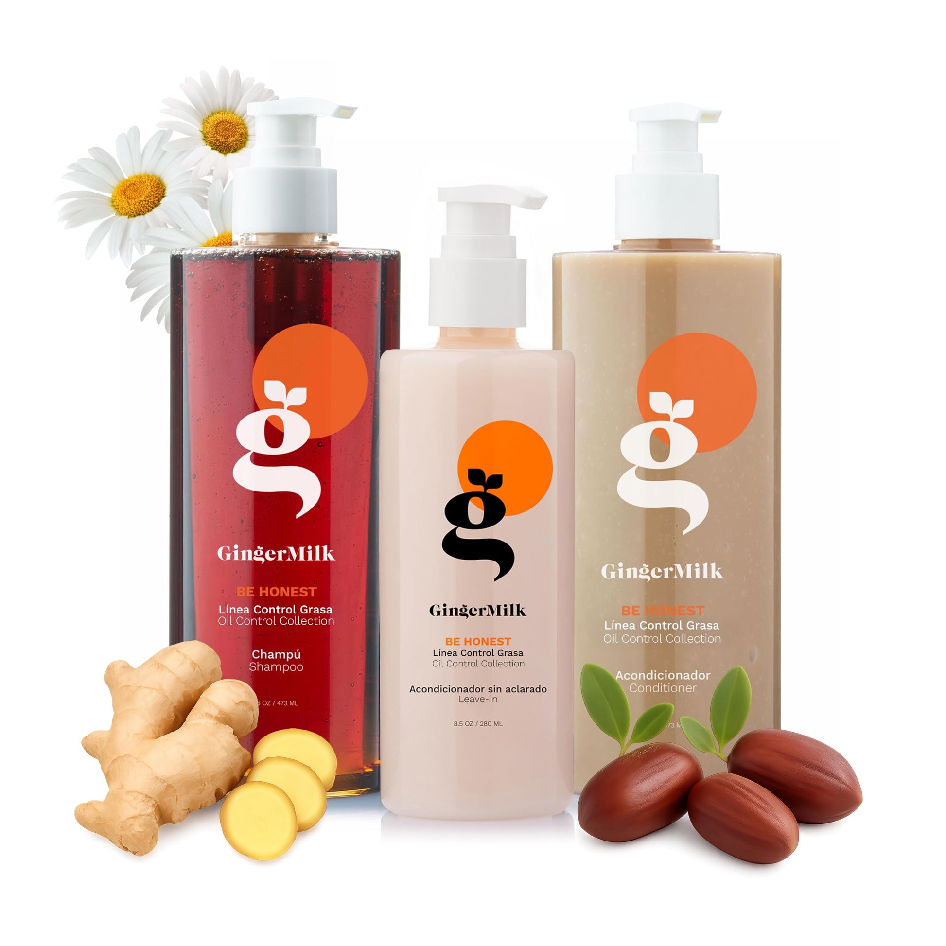 Ginger Milk - Kit de cuidado del cabello para cabello graso con jengibre y biotina, rico en vitaminas y antioxidantes, champú de 16 onzas + acondicionador de 16 onzas + 8 onzas sin enjuague, experimenta tu cabello