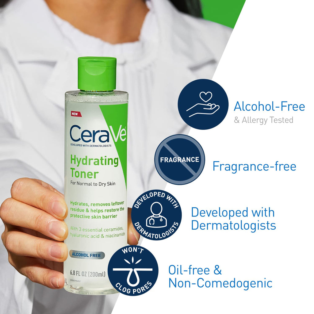 CeraVe - Tónico hidratante para rostro sin alcohol con ácido hialurónico, niacinamida y ceramidas para piel seca sensible, sin fragancia, no comedogénico, tamaño completo, 6.8 onzas líquidas
