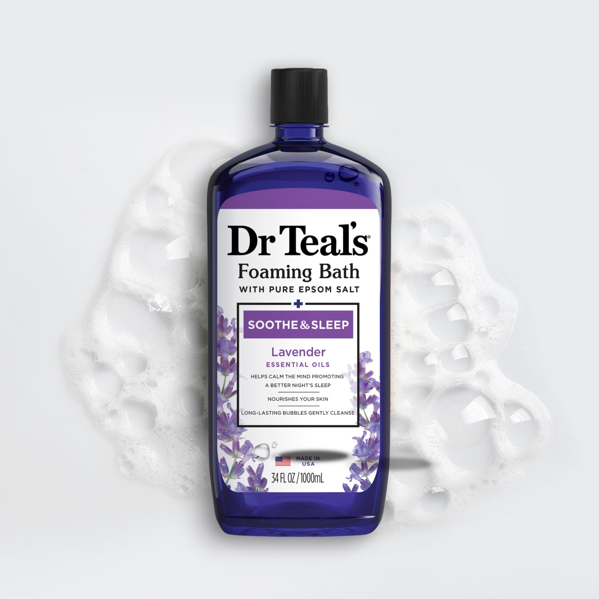 Dr Teal's - Baño espumoso con sal pura de Epsom, calma y duerme con lavanda, 34 onzas líquidas (paquete de 4)
