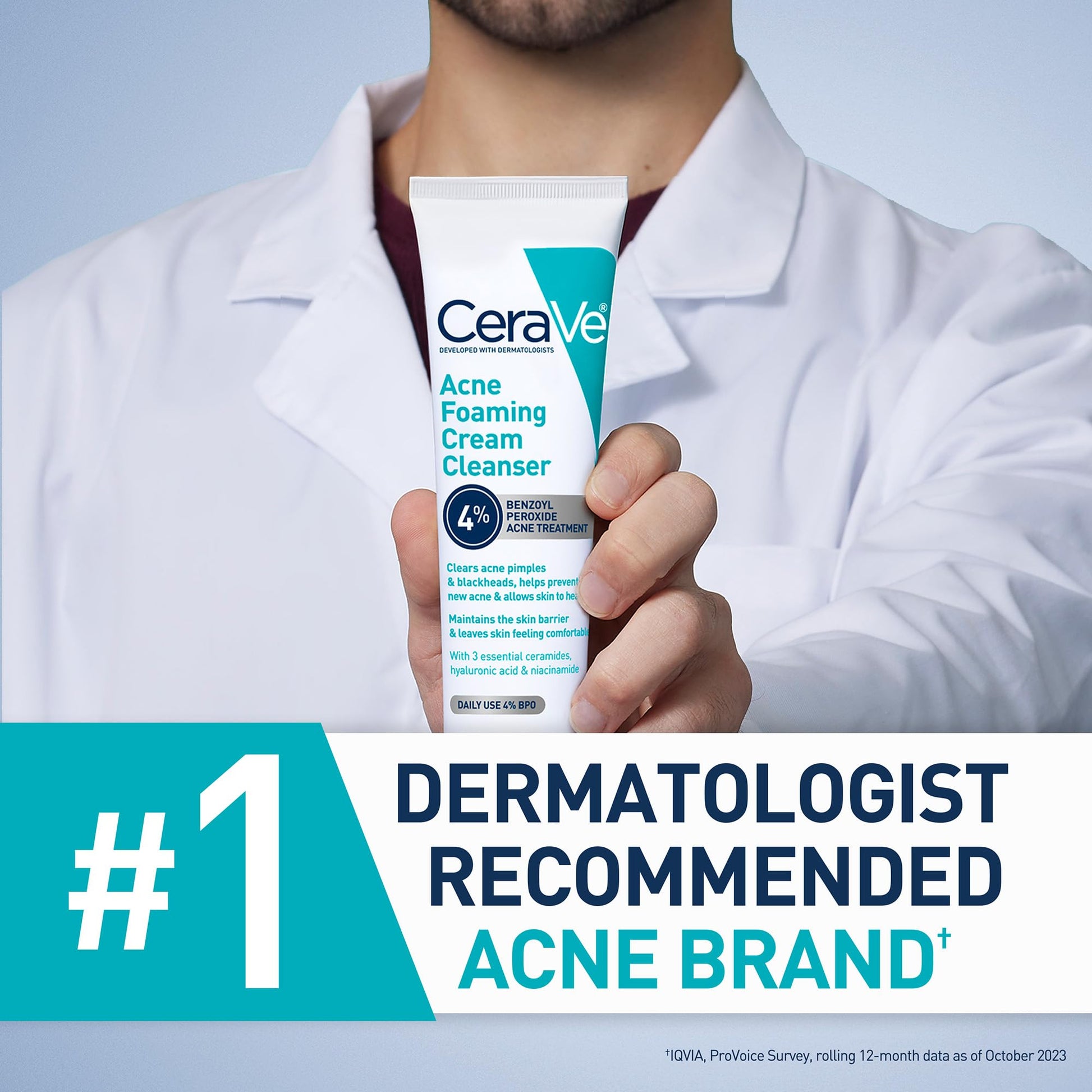 CeraVe - Limpiador en crema espumosa para el acné, lavado facial de peróxido de benzoilo al 4% con ácido hialurónico, niacinamida y ceramidas, tratamiento diario suave para el acné para la cara