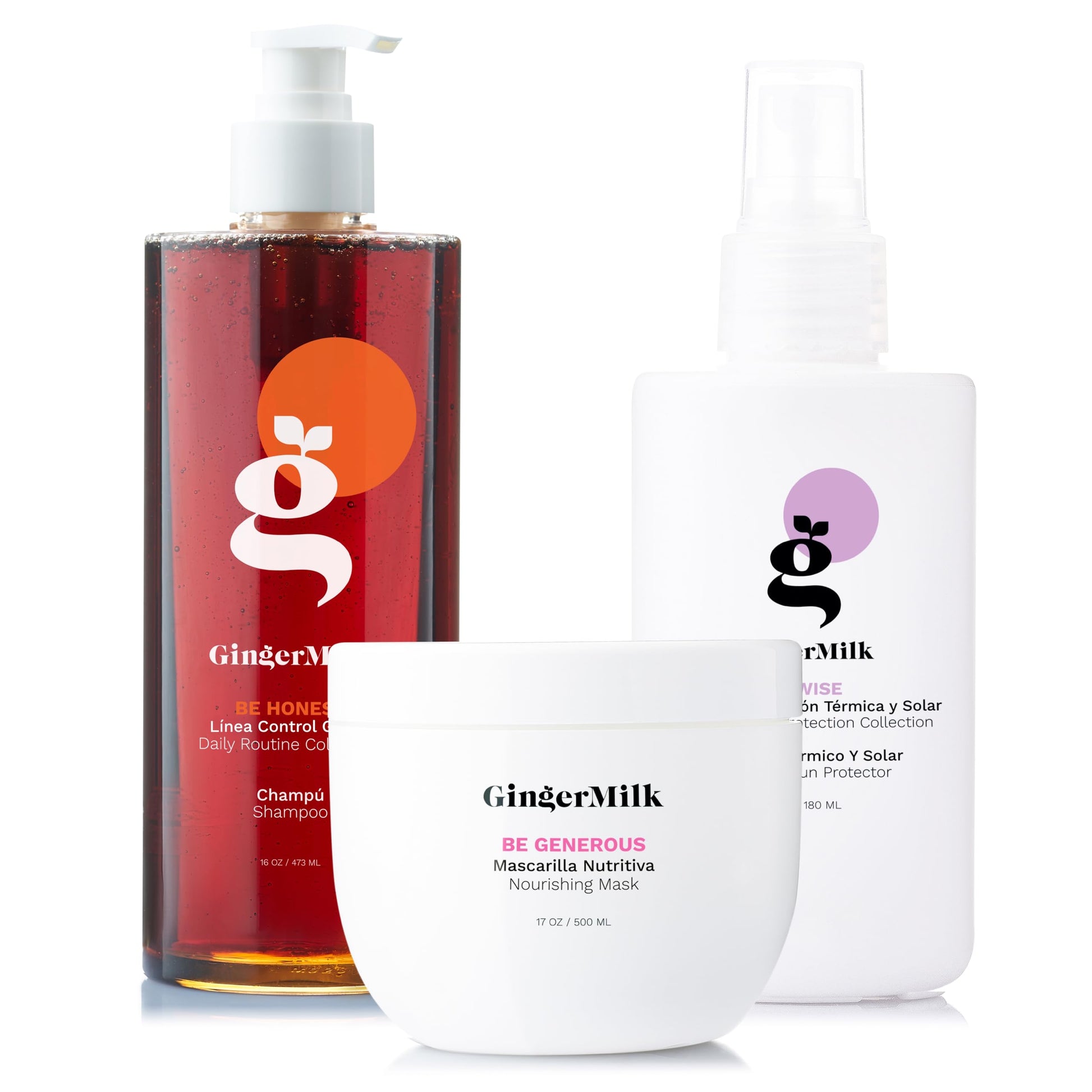 Ginger Milk - Kit de Nutrición para el Cuidado del Cabello. Fórmula a base de jengibre. Champú, Mascarilla Nutritiva Protección contra el calor y el sol. Libre de parabenos, sal, alcohol, sulfatos.