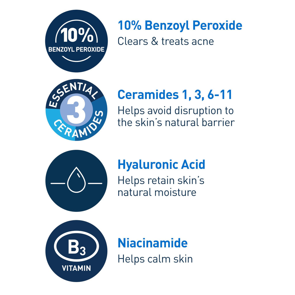 CeraVe - Crema espumosa para el acné, limpiador suave para rostro y cuerpo con peróxido de benzoilo al 10%, ácido hialurónico y niacinamida, tratamiento con peróxido de benzoilo al 10% que elimina granos y puntos negros. 5 Oz