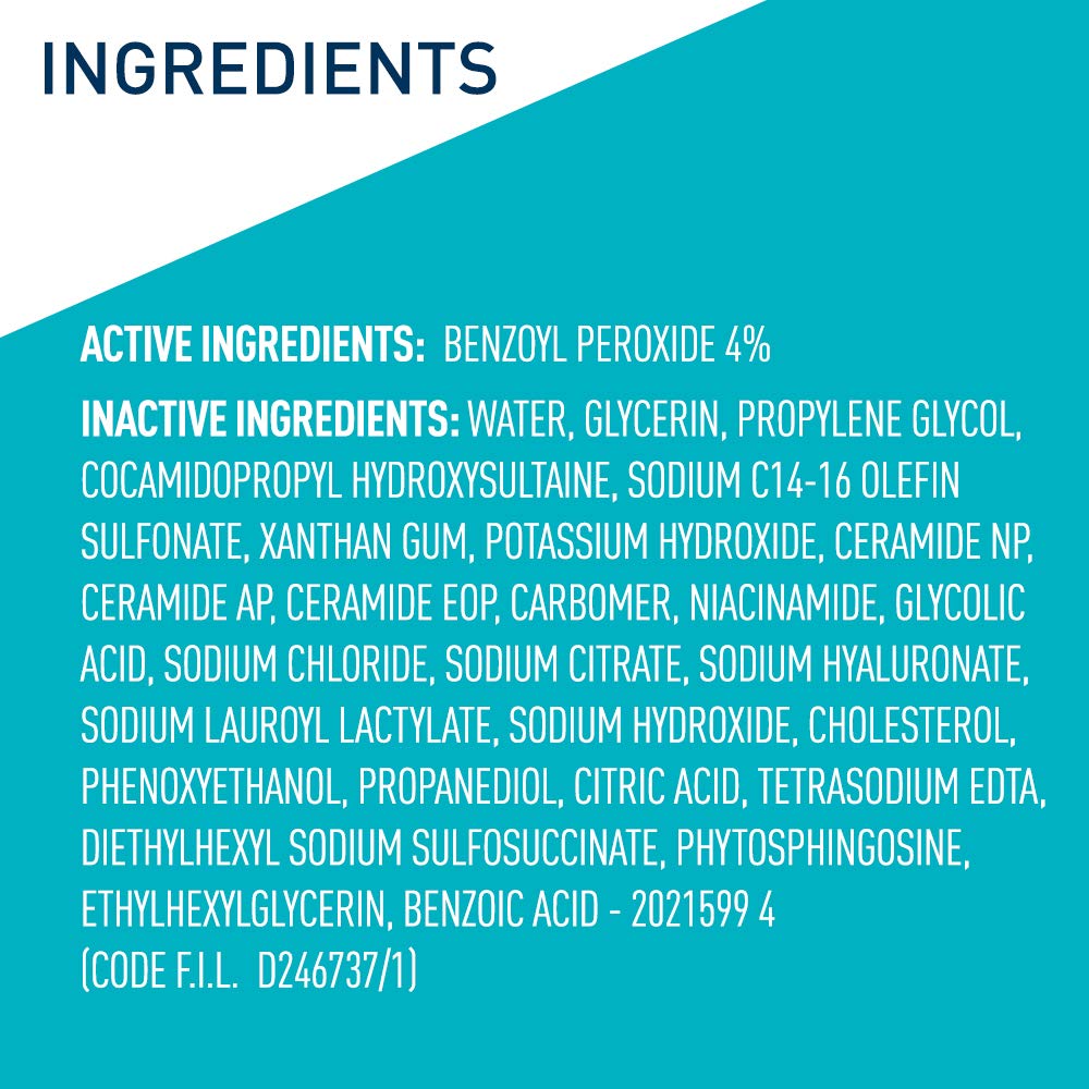 CeraVe - Limpiador en crema espumosa para el acné, lavado facial de peróxido de benzoilo al 4% con ácido hialurónico, niacinamida y ceramidas, tratamiento diario suave para el acné para la cara