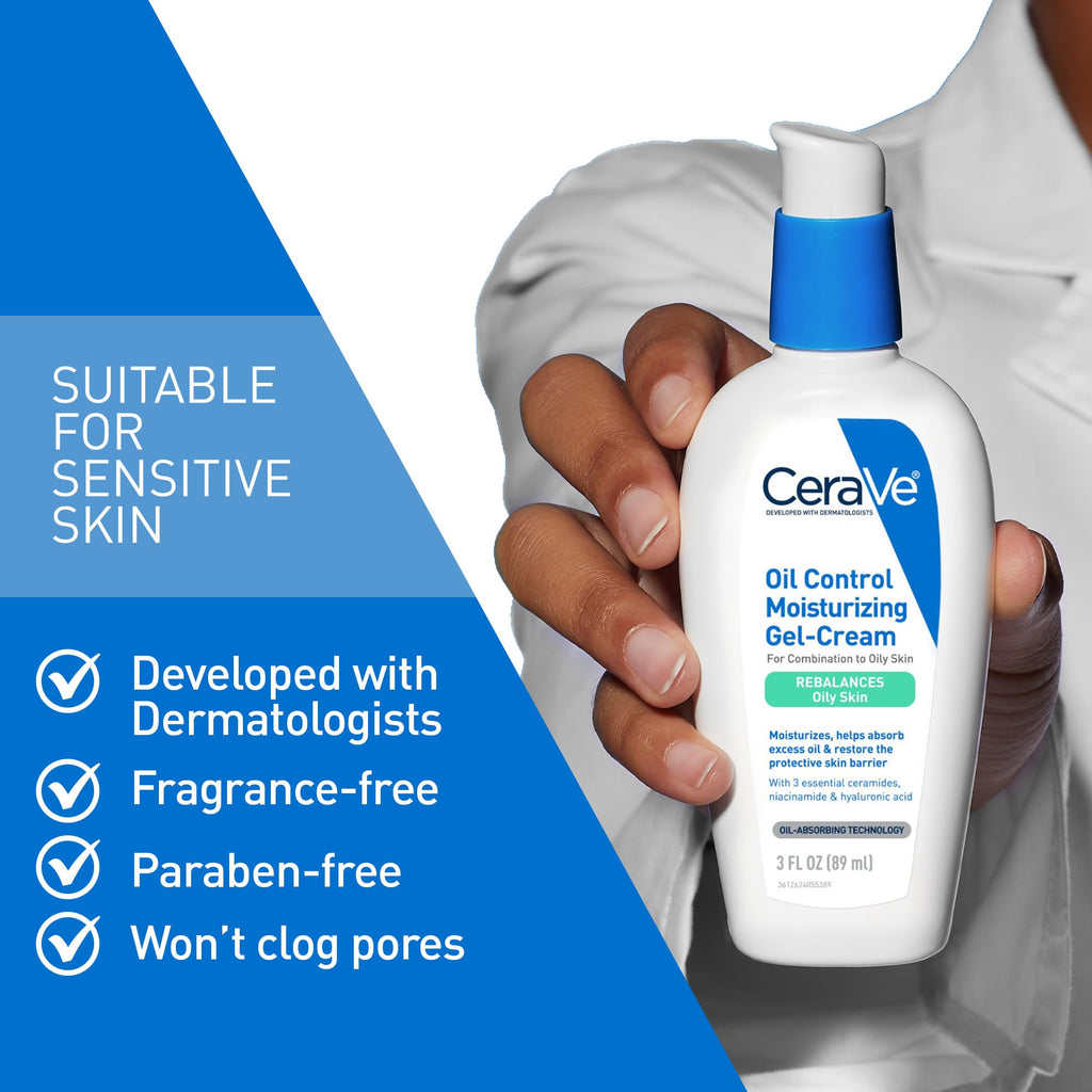 CeraVe - Gel hidratante Oil Control, crema hidratante facial para pieles grasas, niacinamida, ácido hialurónico y tecnología de absorción de aceite para reequilibrar la piel grasa, no comedogénica, sin fragancia ni aceite.