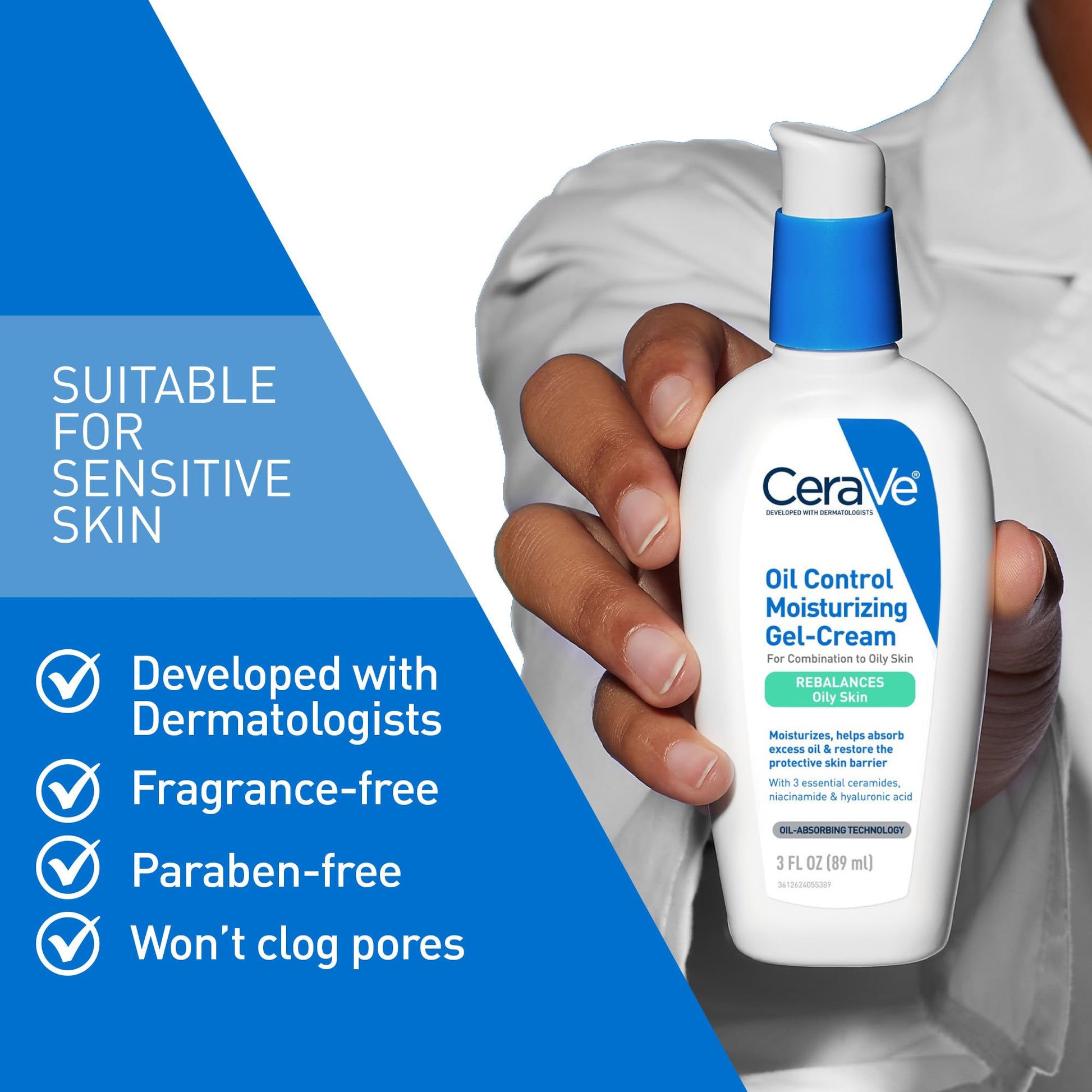 CeraVe - Gel hidratante Oil Control, crema hidratante facial para pieles grasas, niacinamida, ácido hialurónico y tecnología de absorción de aceite para reequilibrar la piel grasa, no comedogénica, sin fragancia ni aceite.