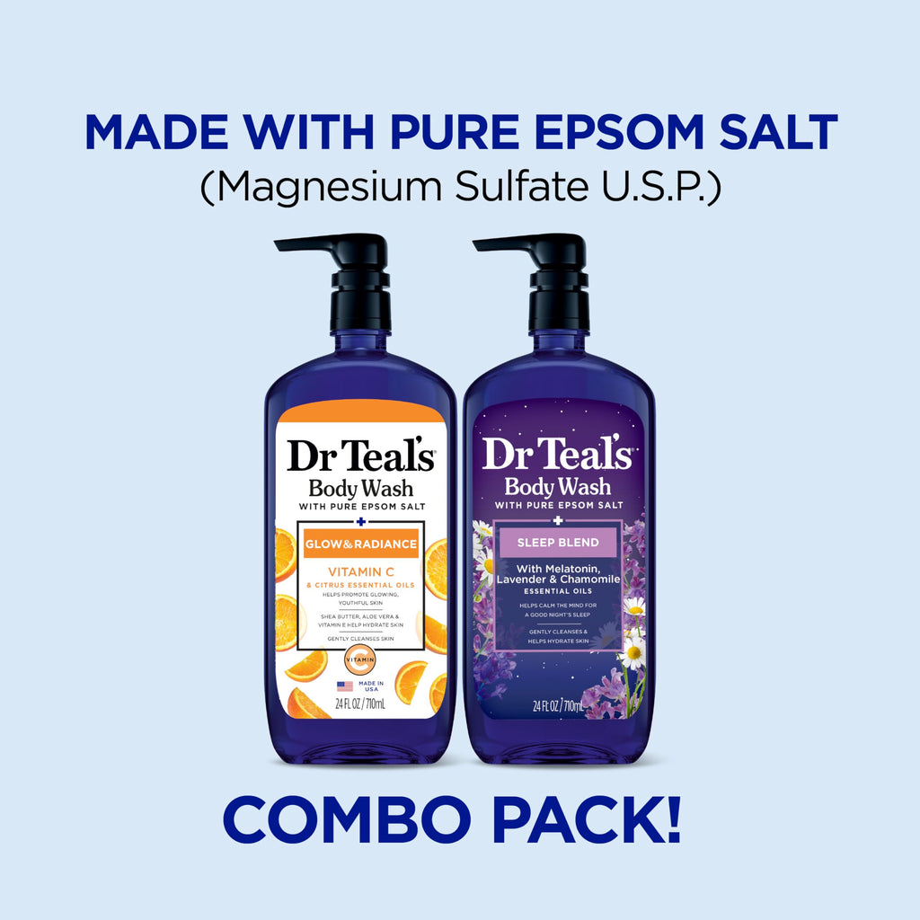 Dr Teal's - Gel de baño con sal pura de Epsom, diurno/nocturno con vitamina C y mezcla para dormir, 24 onzas líquidas (paquete de 2)