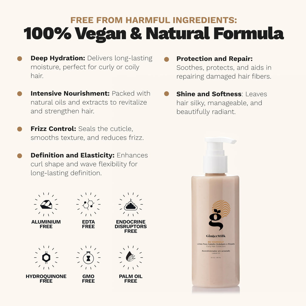 Ginger Milk - Leave-in Acondicionador con leche de jengibre para cabello rizado, ondulado y enrollado | Hidrata, nutre y fortalece | Crema para rizos y productos para el cabello rizado Be Yourself 8.5 oz