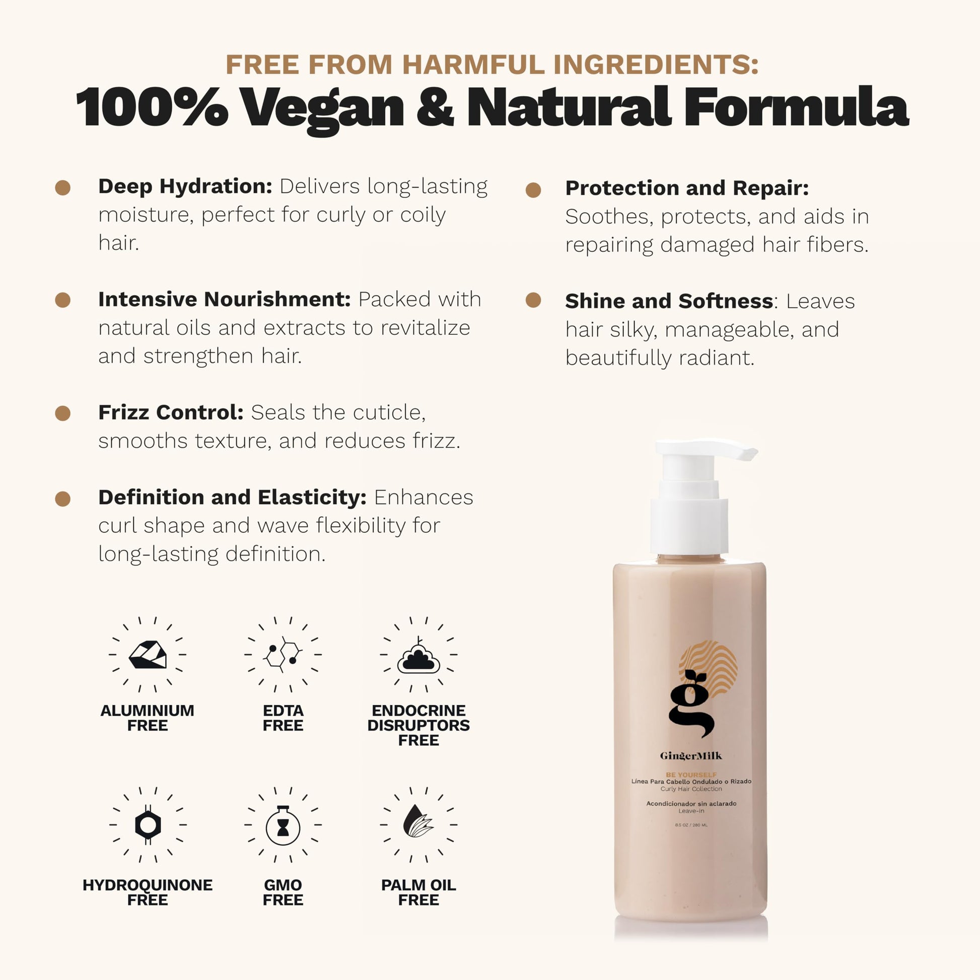 Ginger Milk - Leave-in Acondicionador con leche de jengibre para cabello rizado, ondulado y enrollado | Hidrata, nutre y fortalece | Crema para rizos y productos para el cabello rizado Be Yourself 8.5 oz
