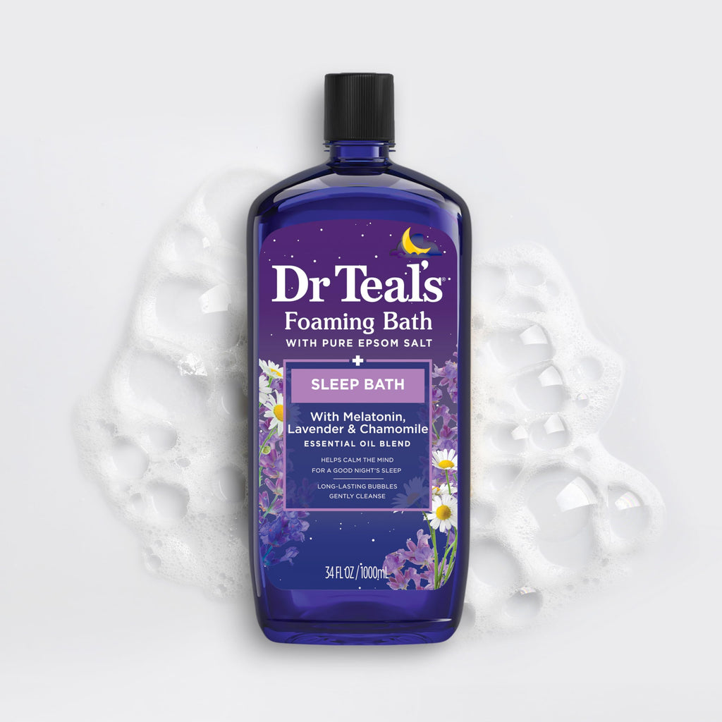Dr Teal's - Baño espumoso con sal pura de Epsom, mezcla para dormir con aceites esenciales de melatonina, lavanda y manzanilla, 34 onzas líquidas (paquete de 4)