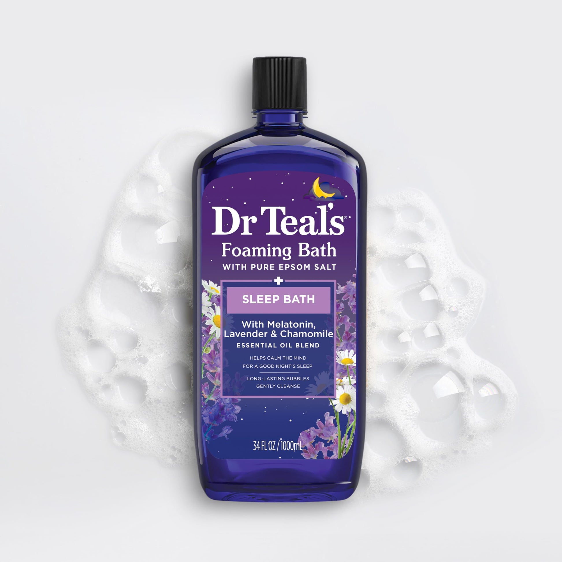 Dr Teal's - Baño espumoso con sal pura de Epsom, mezcla para dormir con aceites esenciales de melatonina, lavanda y manzanilla, 34 onzas líquidas (paquete de 4)