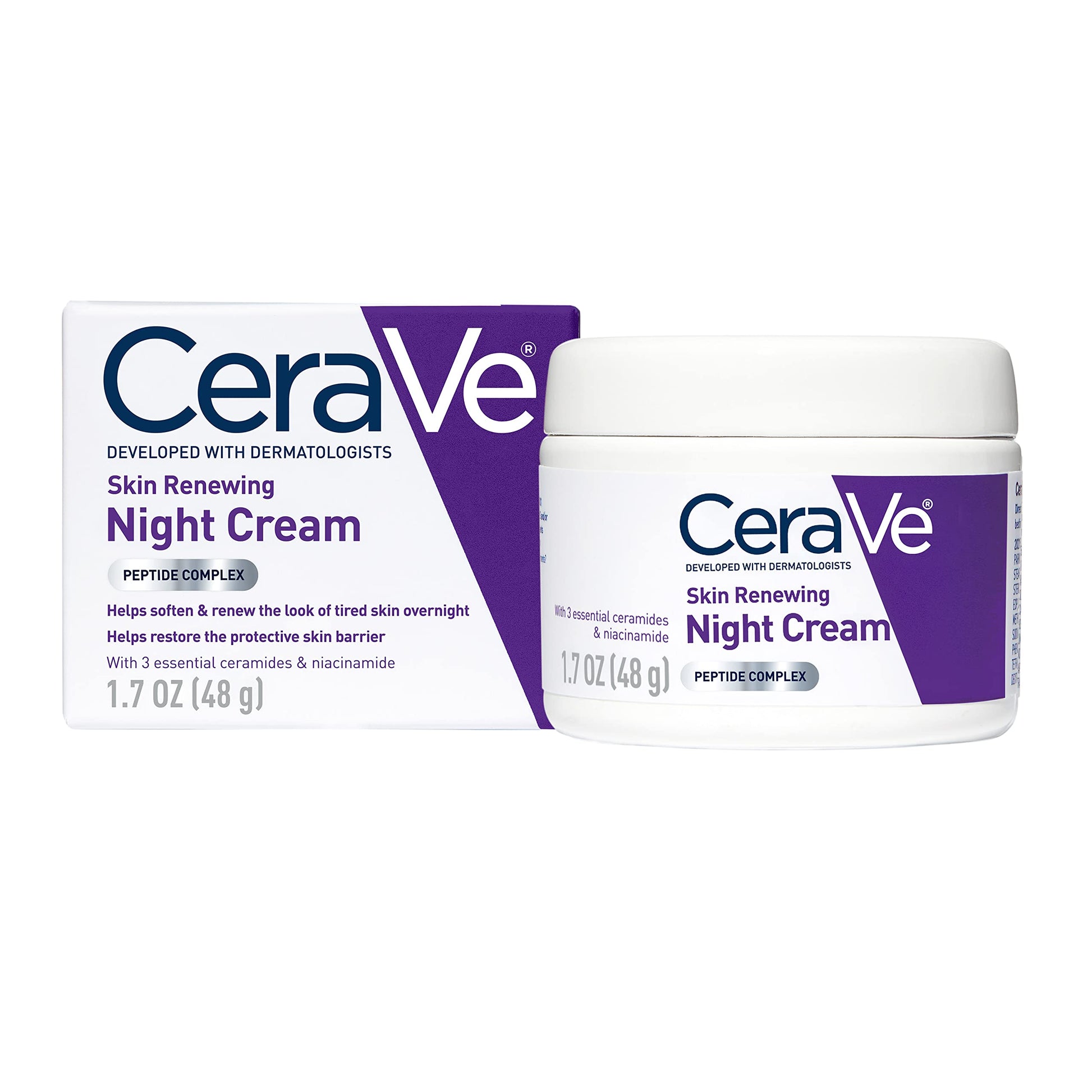 CeraVe - Crema de noche renovadora para la piel, hidratante facial con niacinamida, complejo peptídico y ácido hialurónico, 50 ml (el envase puede variar).