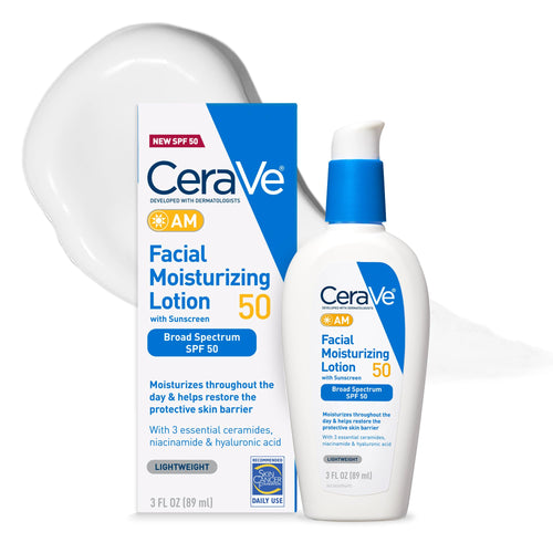 CeraVe - AM Loción hidratante facial SPF 50, hidratante facial con SPF, ácido hialurónico, niacinamida y ceramidas, no grasosa, se mezcla perfectamente sin manchas blancas, protector solar no comedogénico, 3 Oz