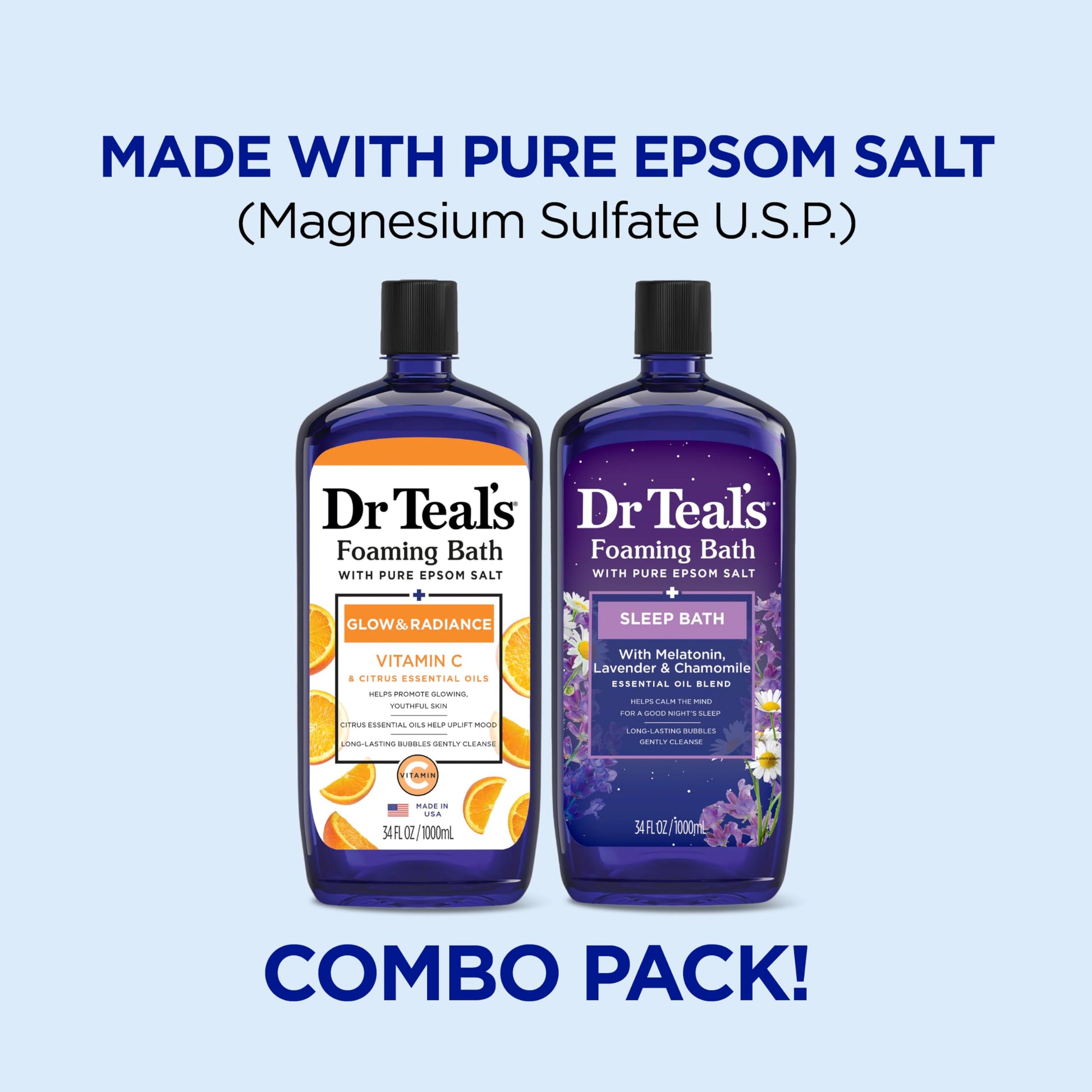 Dr Teal's - Baño espumoso con sal pura de Epsom, vitamina C y mezcla para dormir, 34 onzas líquidas (paquete de 2)