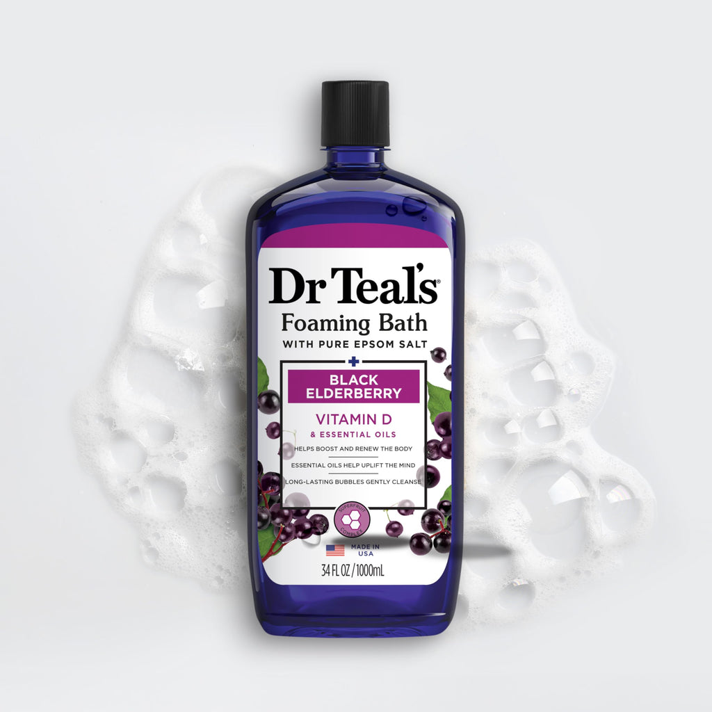 Dr Teal's - Baño espumoso con sal pura de Epsom, saúco negro con vitamina D, 34 onzas líquidas (paquete de 4)