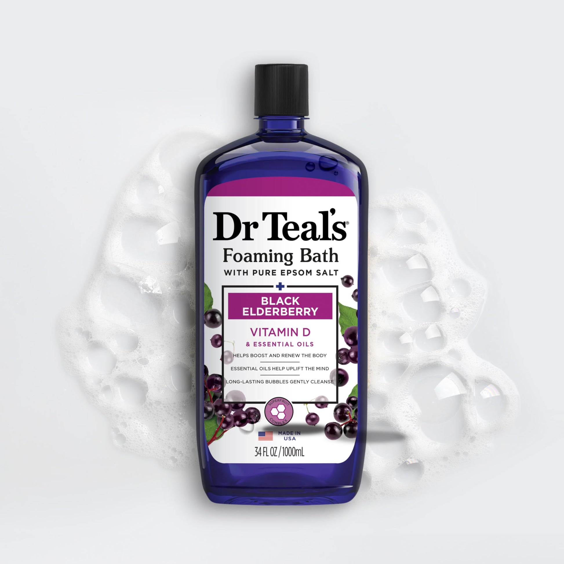 Dr Teal's - Baño espumoso con sal pura de Epsom, saúco negro con vitamina D, 34 onzas líquidas (paquete de 4)