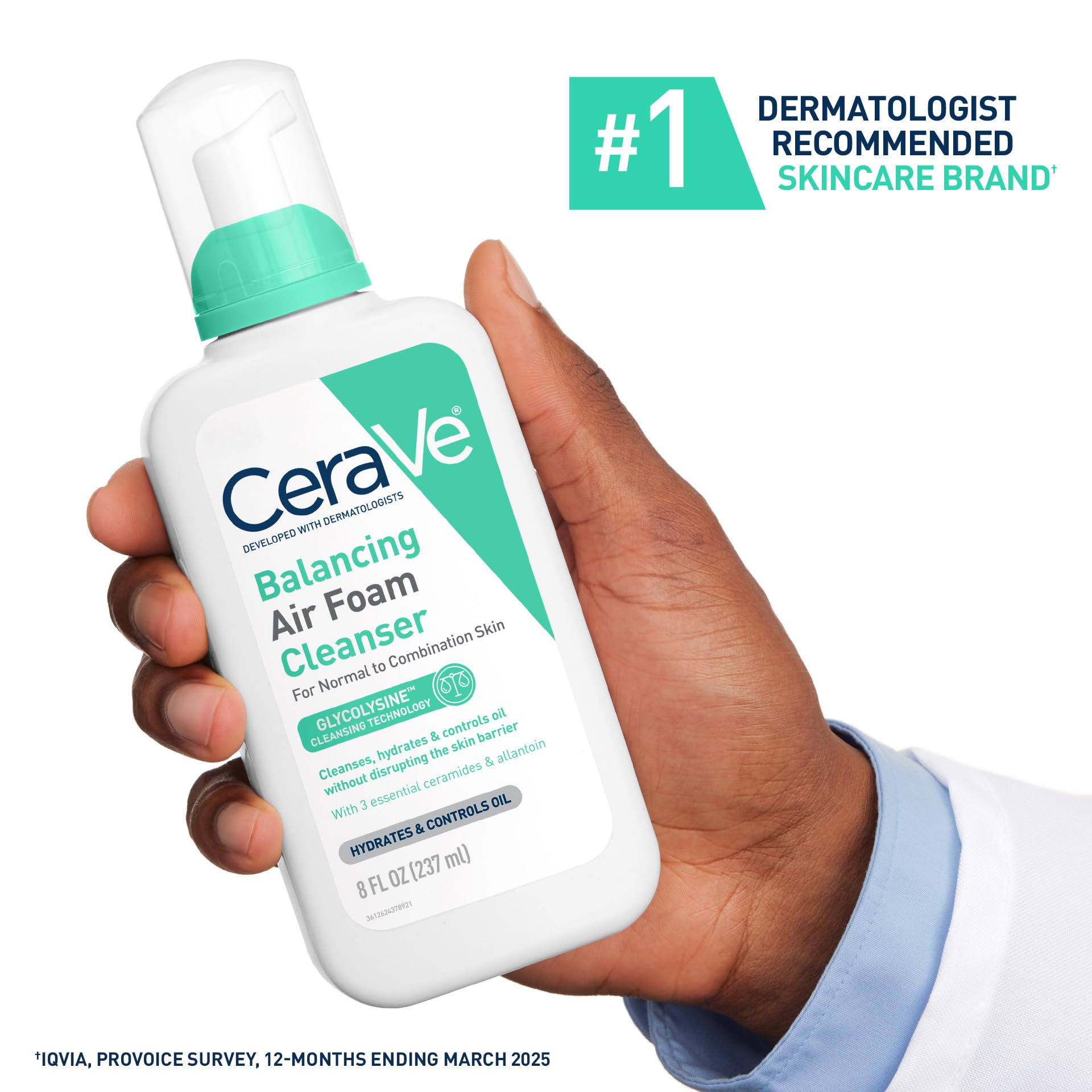 CeraVe - Jabón facial de espuma de aire equilibrante, limpiador facial espumoso para piel mixta, control de aceite de 8 horas + hidratación 24 horas, sin fragancia y no comedogénico, con glicolisina y 3